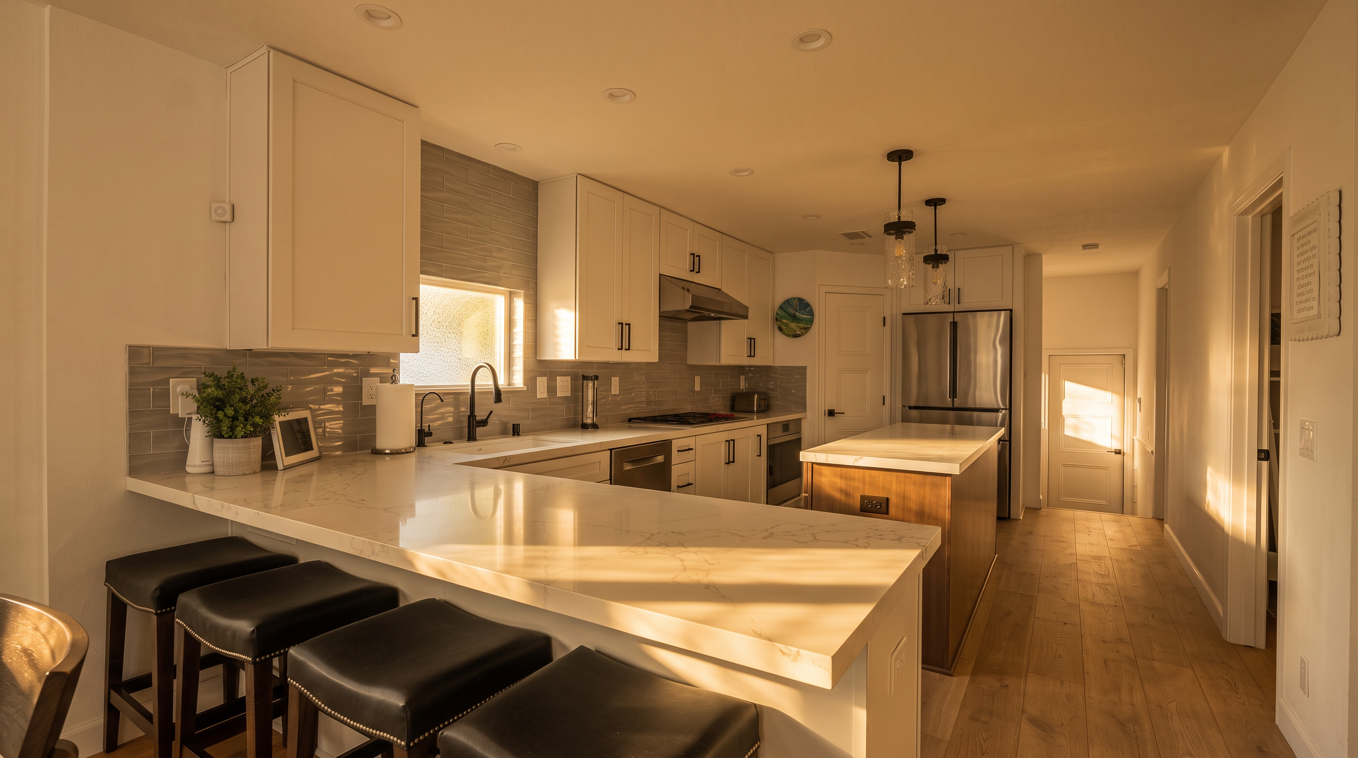 This bright, contemporary kitchen features white shaker-style cabinetry, quartz countertops, and a subway tile backsplash. A functional kitchen island with a dark wood base provides additional workspace and seating, complemented by hanging pendant lights and stainless steel appliances. The open-concept design integrates well with the light-toned wood flooring, creating a clean, inviting, and modern aesthetic.