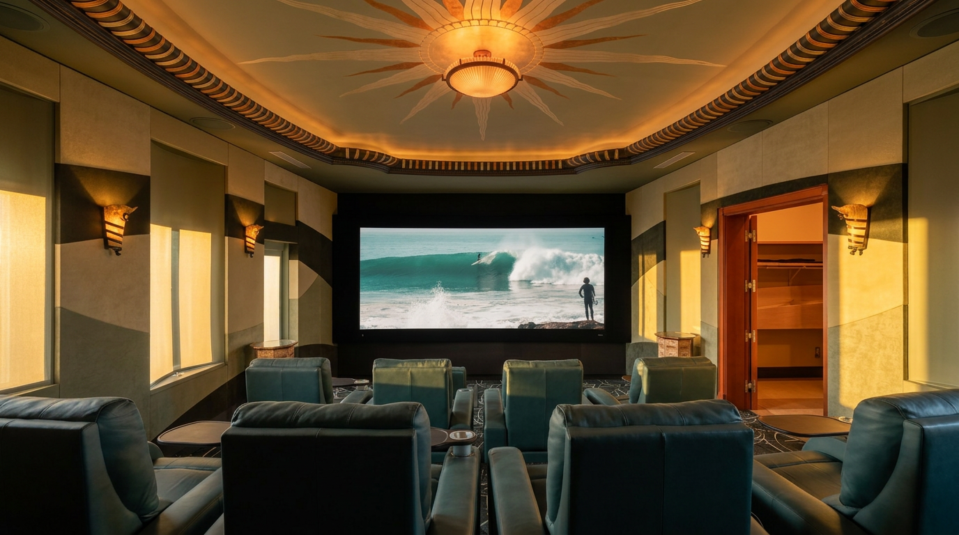 This dedicated home theater room features tiered rows of plush, dark leather seating facing a large, wall-mounted projection screen. The ceiling is adorned with a decorative sunburst mural and a central light fixture, while the walls are accented with geometric paneling and wall sconces. The room provides an immersive cinematic experience with a sophisticated, dark-toned aesthetic.