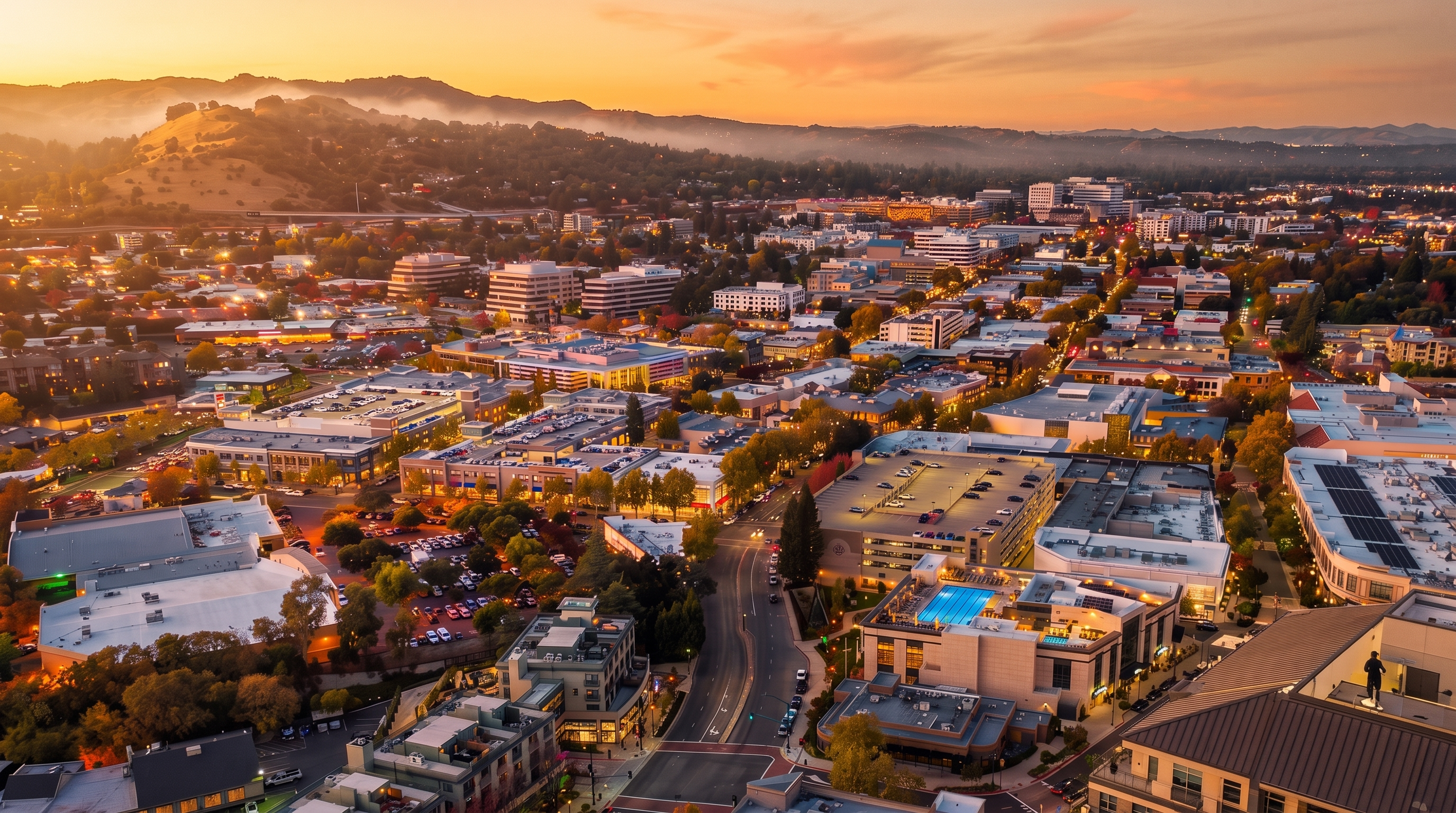 This is a comprehensive aerial view of a dense, well-developed suburban downtown area at dusk, capturing the transition from the golden sunset to the evening lights. The scene features a mix of commercial buildings, parking structures, and hotels, showcasing a vibrant urban landscape integrated with hilly terrain in the distance. The lighting creates a warm and inviting atmosphere, highlighting the walkable layout and density of this desirable community.