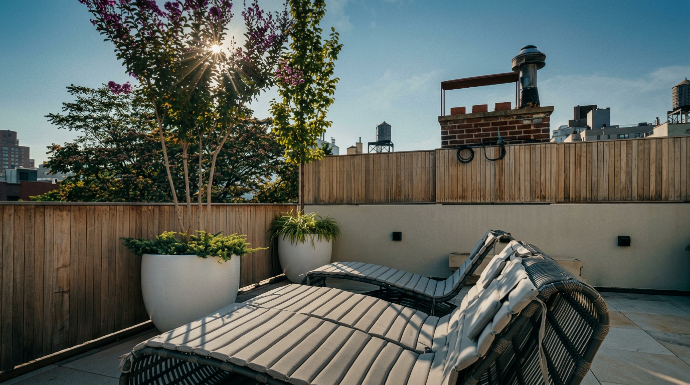 This rooftop terrace features two modern, curved wicker lounge chairs with plush cushions, set against a backdrop of wooden privacy fencing and a brick chimney. A large white planter with a vibrant tree adds a touch of greenery, while the clear blue sky and sun flare create a bright, inviting atmosphere. The perspective is a low-angle, eye-level shot that emphasizes the relaxing, upscale outdoor living space.