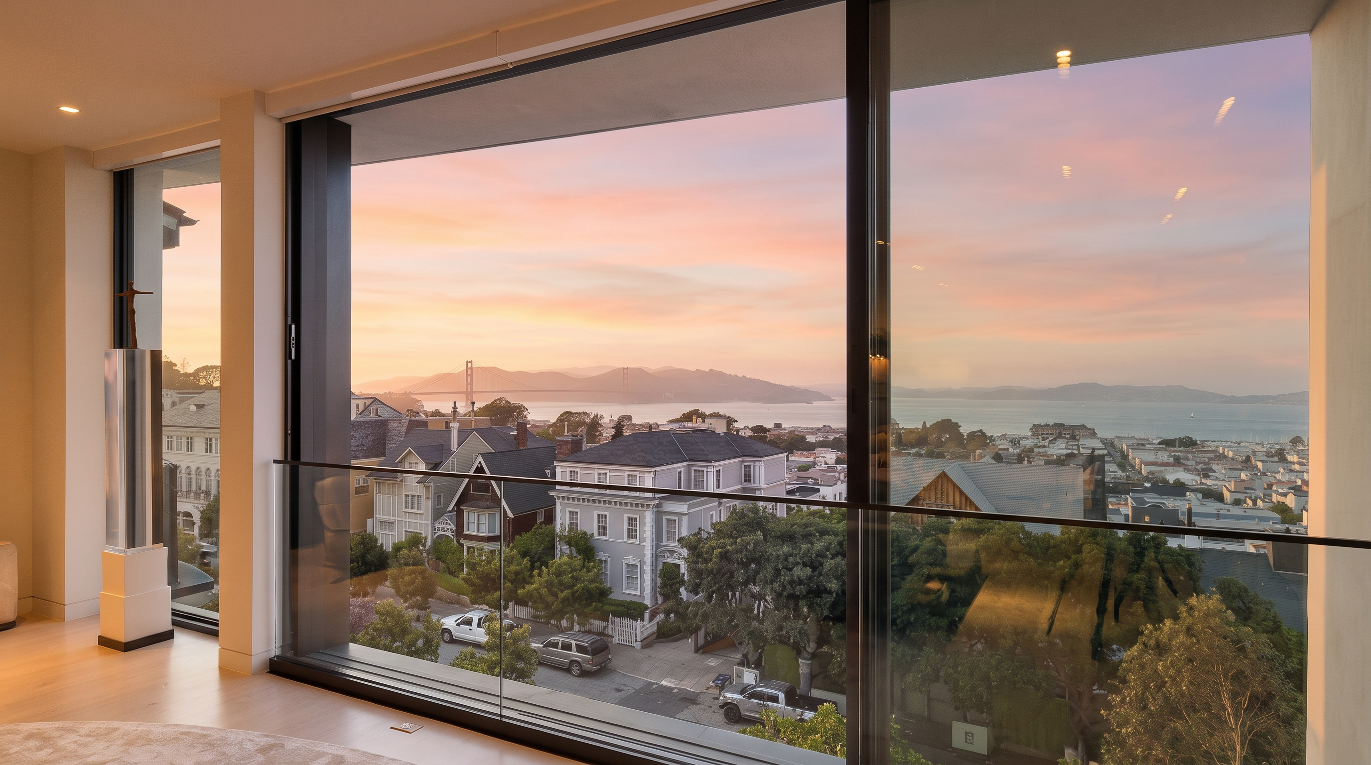 This interior space features expansive floor-to-ceiling windows that frame a panoramic view of the Golden Gate Bridge and the surrounding cityscape. The room is minimalist in design, emphasizing the connection between the indoor living area and the outdoor scenery. A sleek glass railing separates the interior from the view, creating an open and airy atmosphere.