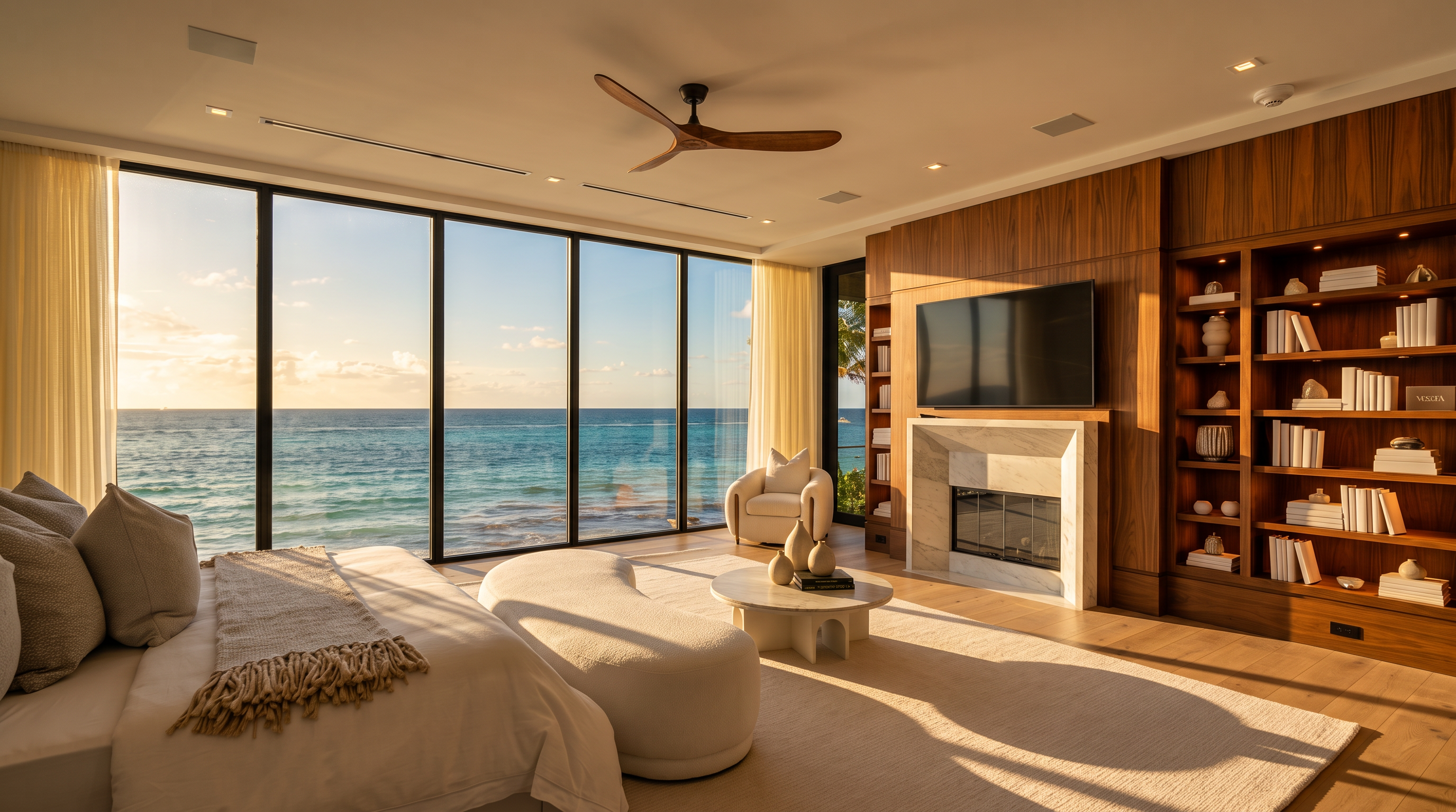 This expansive primary bedroom features a wall of floor-to-ceiling windows that frame a panoramic view of the ocean. The room is anchored by a central bed and a curved bench, complemented by a stone-clad fireplace and custom wood shelving units. The neutral color palette and light wood flooring create a serene, high-end atmosphere.