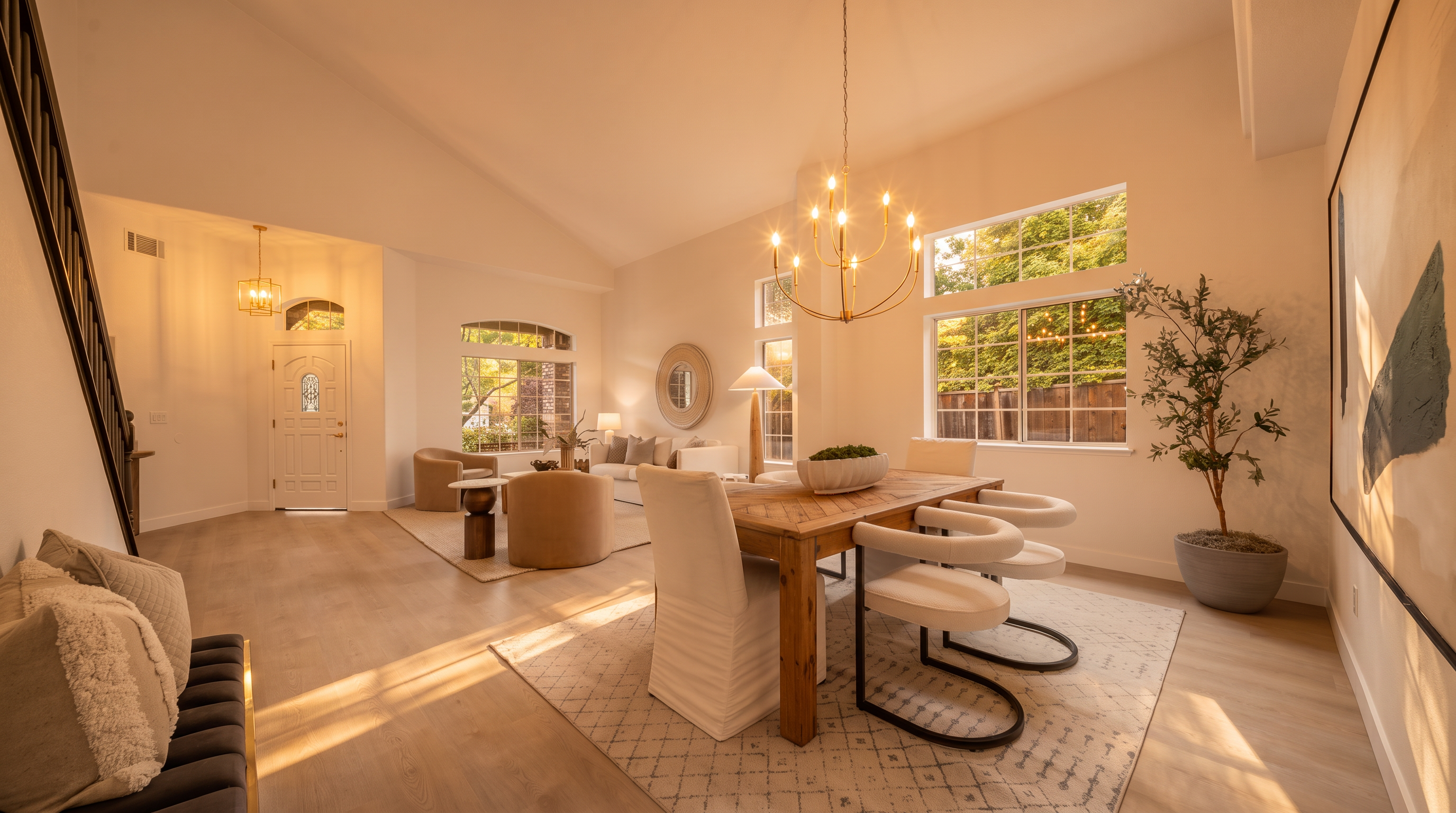 This bright, open-concept living and dining area features high vaulted ceilings and light-toned wood flooring throughout. The dining space is anchored by a rustic wooden table with modern upholstered chairs, illuminated by a contemporary gold chandelier, while the adjacent living area offers a cozy seating arrangement with neutral-toned furniture. Large windows allow ample natural light to fill the space, creating an airy and inviting atmosphere perfect for entertaining.
