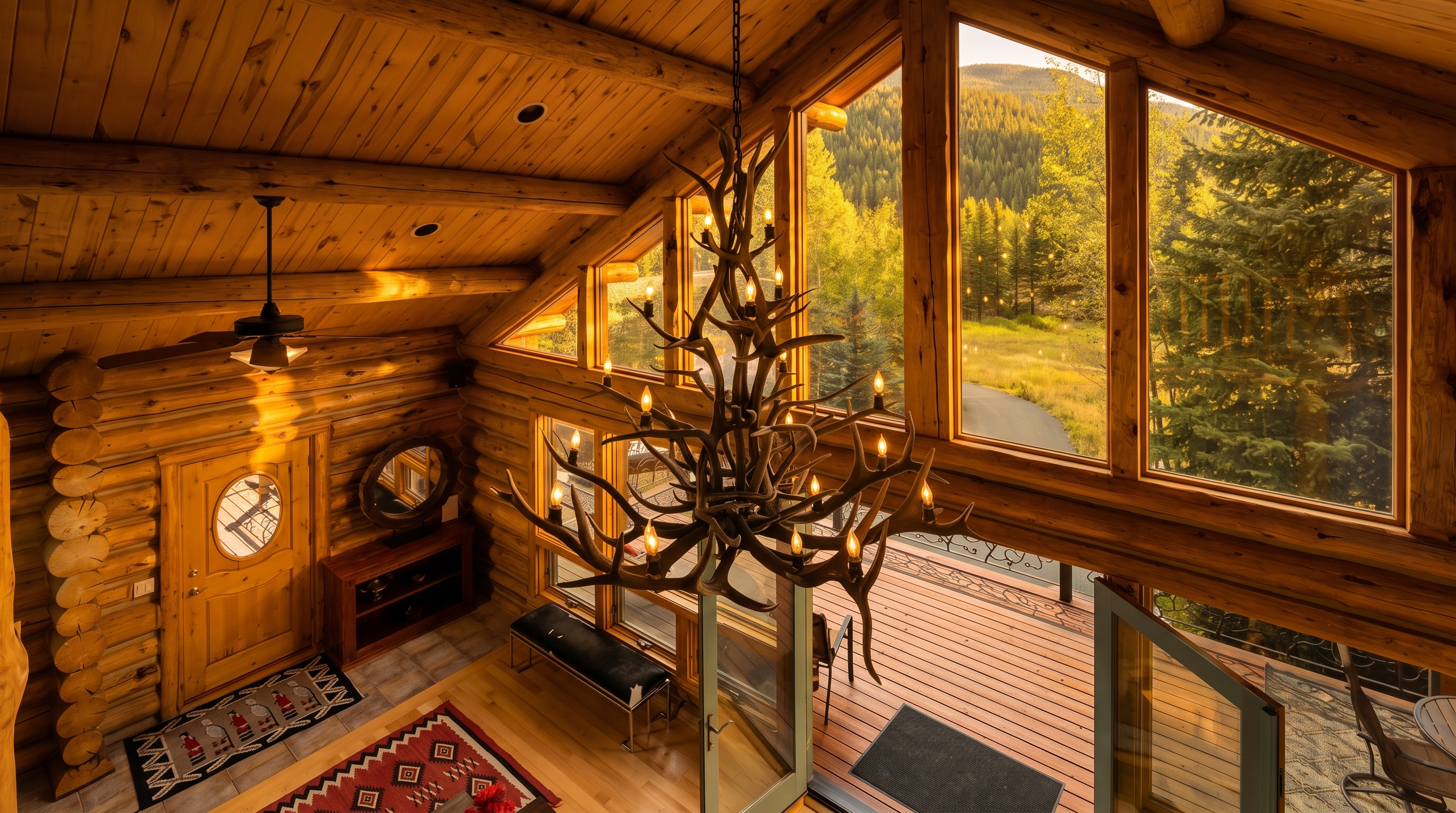 This high-angle shot captures a rustic living room featuring exposed log walls and a vaulted wood-paneled ceiling. A prominent antler chandelier serves as the focal point, hanging above a seating area with a patterned rug and a wooden console table. Large windows provide an expansive view of the surrounding forest and deck, creating a bright, airy atmosphere that emphasizes the cabin's natural aesthetic.