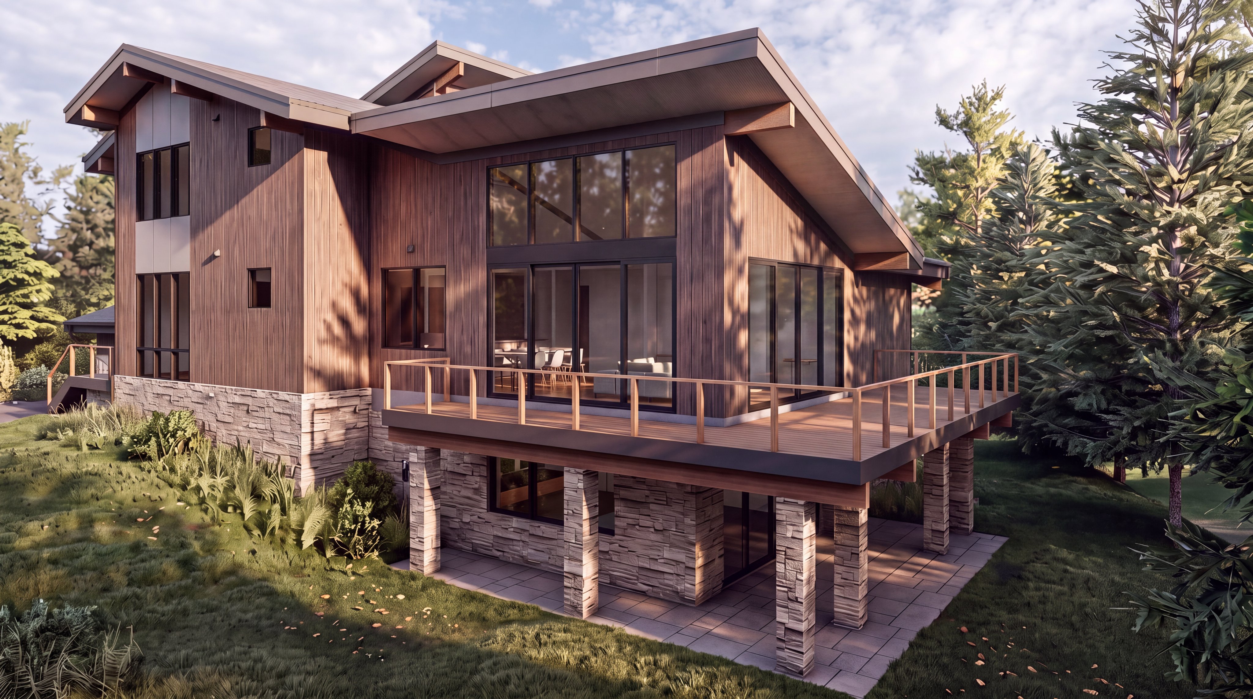 This architectural rendering showcases a contemporary mountain-style home from a rear perspective, highlighting a multi-level design with a spacious elevated deck and a covered stone patio below. The exterior features a blend of vertical wood siding and natural stone masonry, complemented by large windows that offer expansive views. The structure is nestled into a gentle slope, emphasizing a seamless integration with the surrounding wooded landscape.