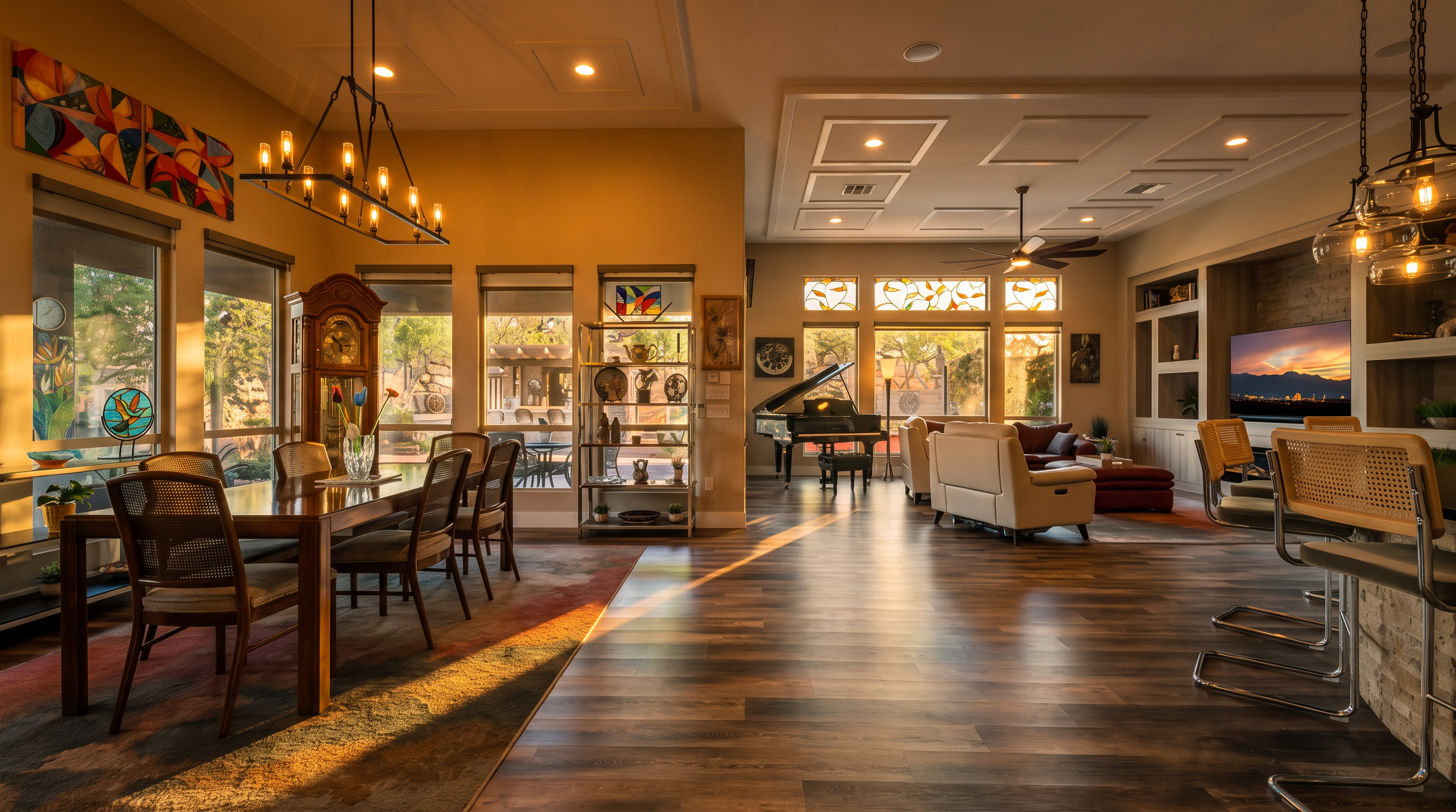 This expansive, open-concept living space seamlessly combines dining and lounge areas with a sophisticated blend of contemporary and traditional styles. Features include elegant wood-look flooring, a large grand piano, a coffered ceiling with recessed lighting, and a well-appointed dining area. Large windows and glass doors provide ample natural light and a view of the outdoor area, creating a bright and inviting atmosphere.