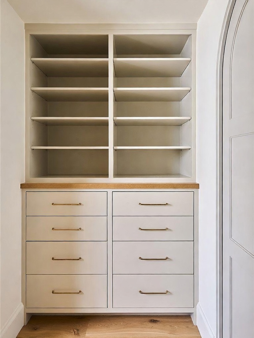 This organized storage space features a built-in unit with a light-toned wood countertop separating the upper open shelving from the lower drawer bank. The cabinetry is finished in a soft neutral tone with sleek, metallic hardware, providing a clean and functional aesthetic. The perspective is a straight-on, eye-level shot that highlights the symmetry and storage capacity of the custom closet design.