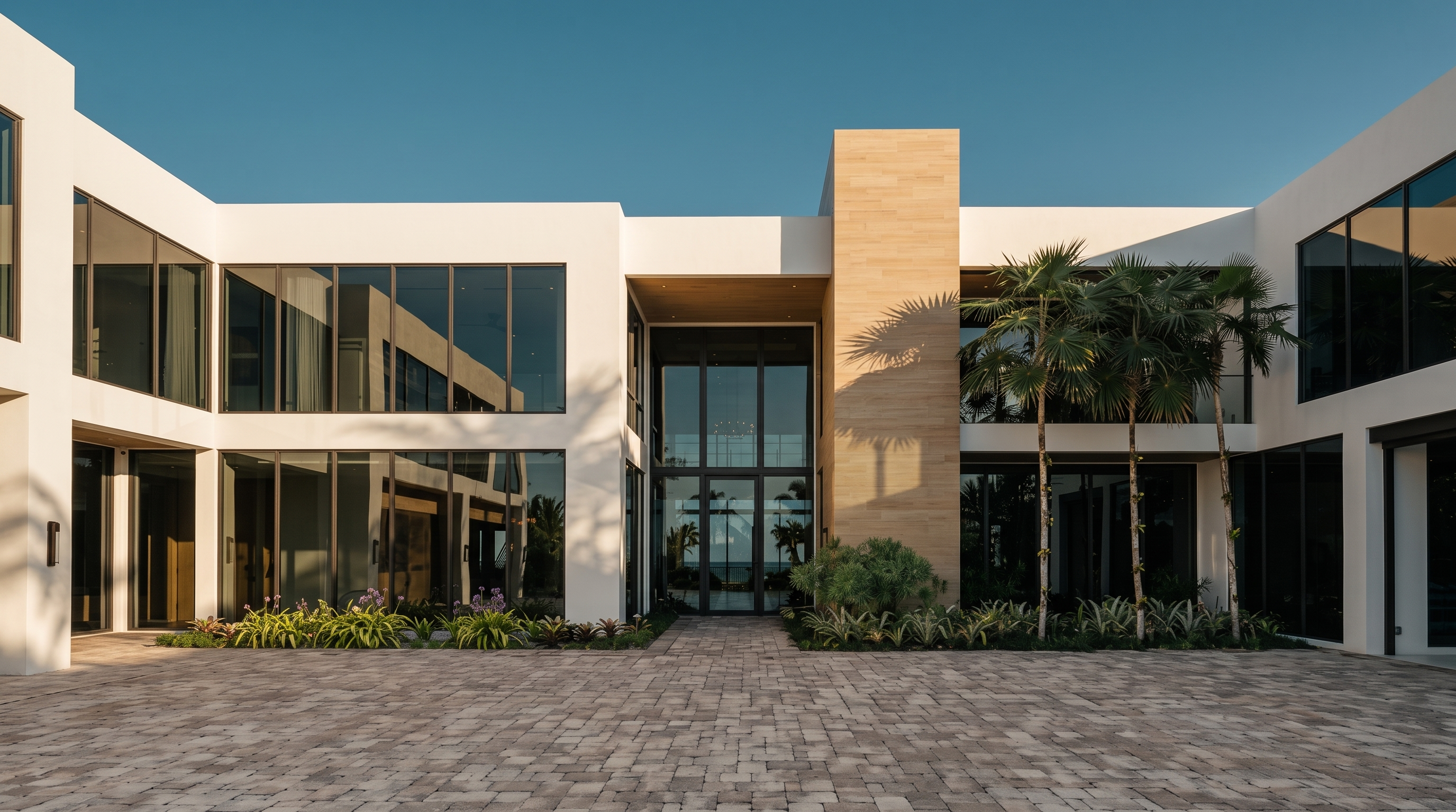 This modern luxury residence features a symmetrical U-shaped architectural design with a prominent central entryway and a stone-clad facade element. The exterior is characterized by clean white walls, extensive glass glazing, and a paved motor court leading to the main entrance. Lush landscaping with palm trees and low-lying shrubs softens the geometric lines of the structure under a clear blue sky.