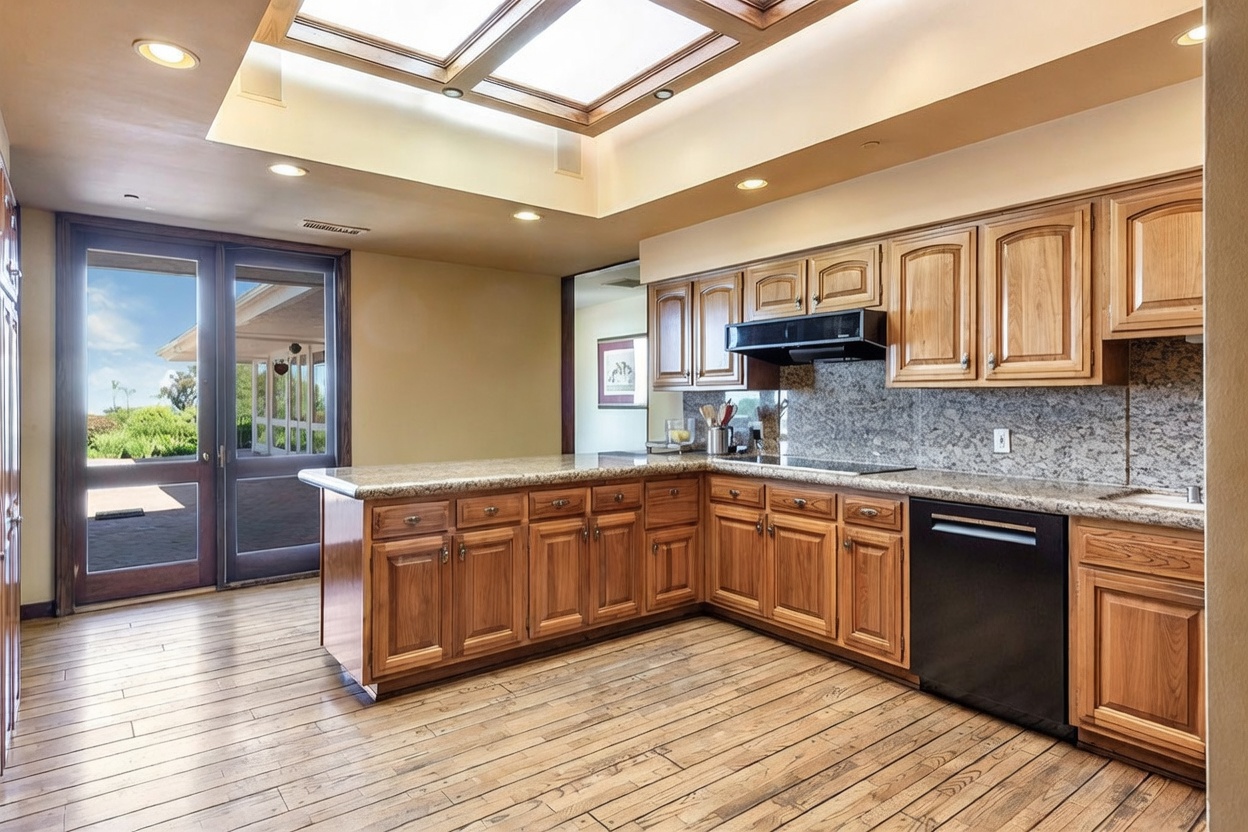 This kitchen features warm-toned wood cabinetry paired with speckled stone countertops and a black dishwasher. A large skylight above the central area provides ample natural light, while a set of glass-paned doors leads to an outdoor space. The room is finished with wood-look flooring, creating a cohesive and traditional aesthetic.