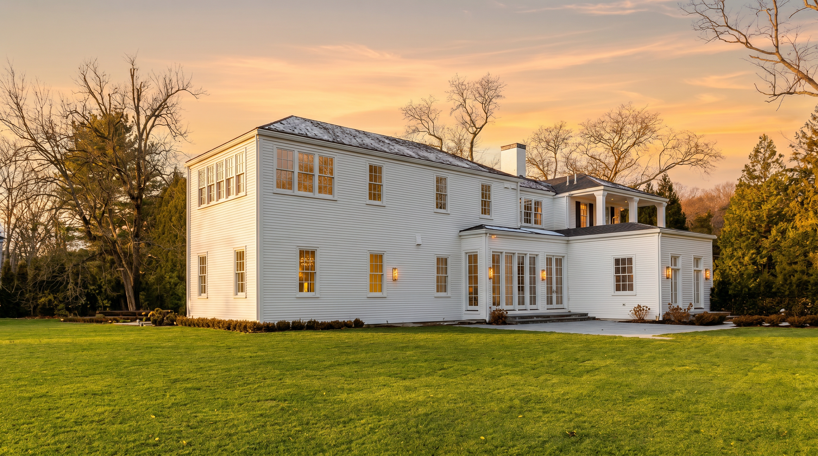 This rear view of a large, white-sided colonial-style home showcases a sprawling, well-manicured lawn that extends from the foreground toward the structure. The house features a symmetrical design with numerous multi-pane windows, a stone patio area, and a second-story balcony. A neighboring historic-style home is visible in the background, framed by mature trees under a bright, partly cloudy sky.