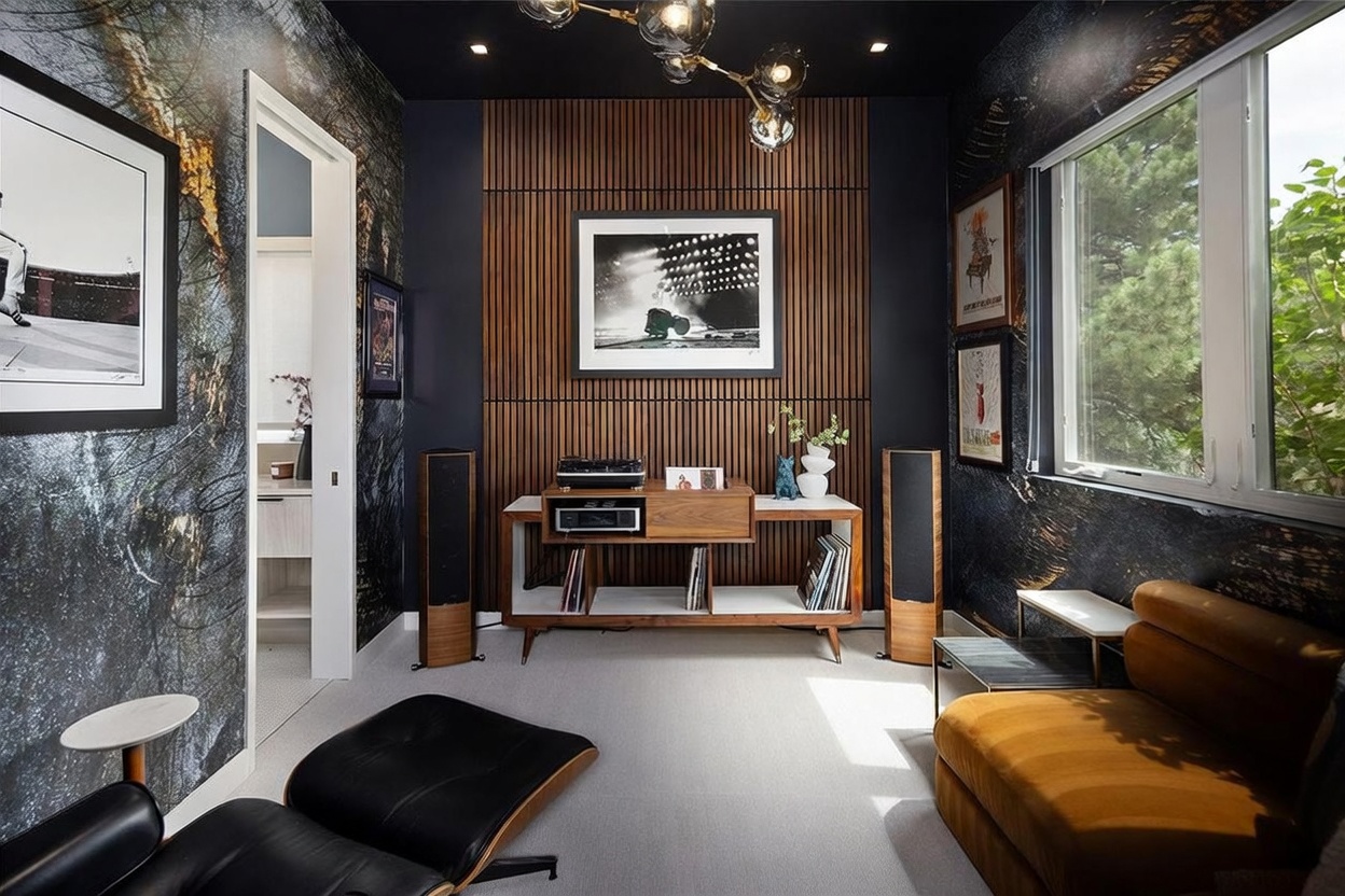 This stylish music or media room features a striking wood-slat accent wall behind a mid-century modern console housing a turntable and audio equipment. The space is framed by bold, dark patterned wallpaper, a black ceiling with a contemporary multi-globe chandelier, and a plush mustard-colored sofa. Large windows allow natural light to fill the room, which also includes a black lounge chair and framed artwork, creating a sophisticated and curated atmosphere.