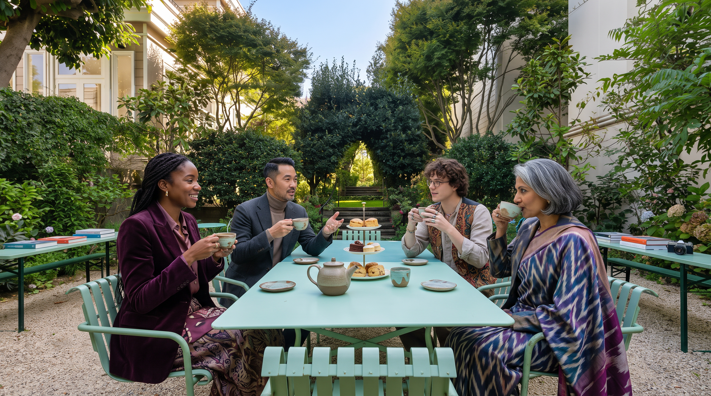 This serene, landscaped garden features a central dining area with a light-colored table and matching metal chairs set upon a gravel courtyard. Lush greenery, mature trees, and manicured hedges frame the space, leading to a stone staircase that ascends toward a decorative arched opening. The perspective is centered and eye-level, capturing a peaceful, private outdoor retreat nestled between two residential buildings.