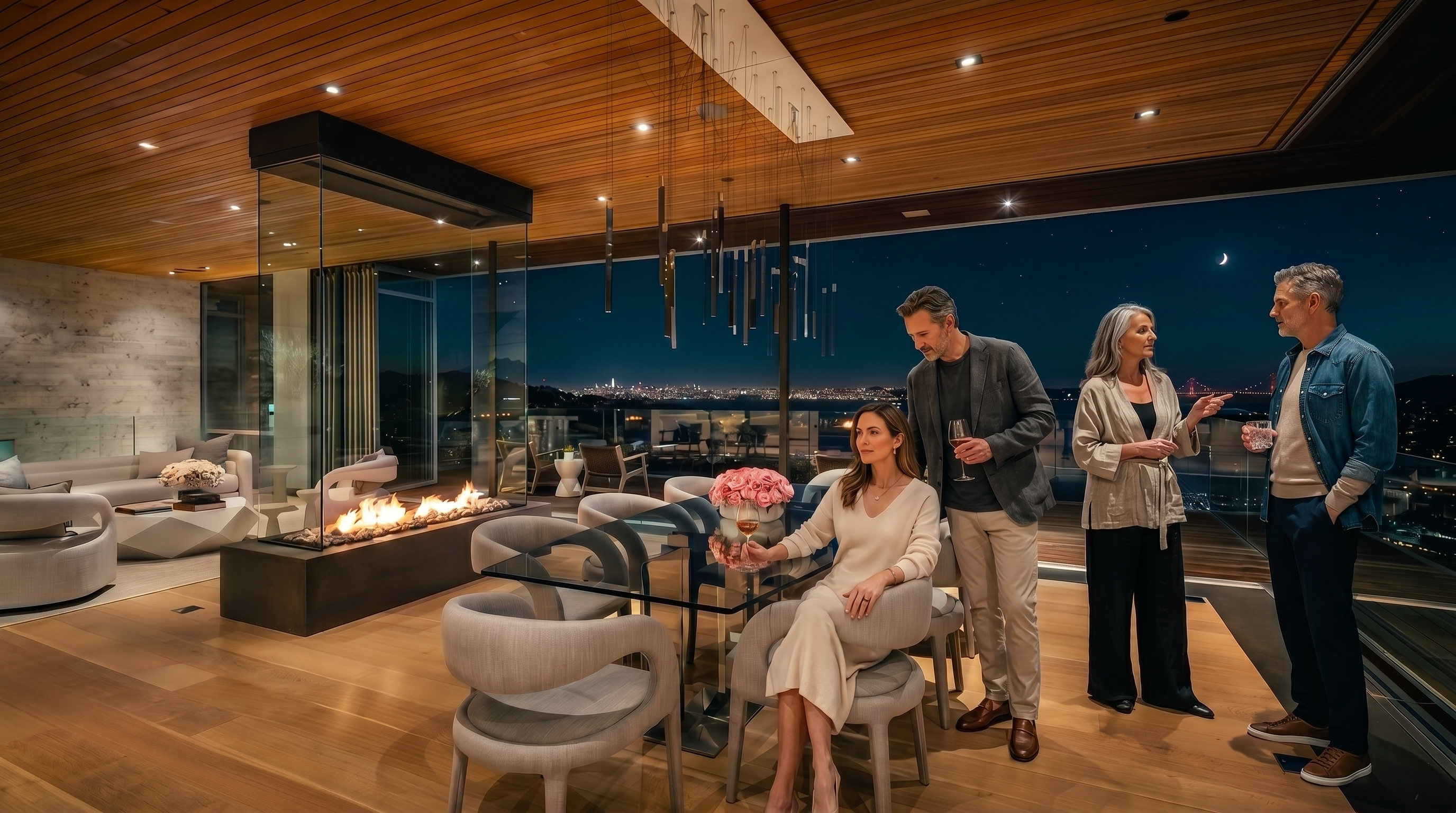 This sophisticated open-concept dining area features a glass-topped table surrounded by modern, curved-back chairs, set against a backdrop of expansive, wall-to-wall glazing that frames a panoramic view of the bay and city skyline. A sleek, linear fireplace with a glass enclosure serves as a central architectural element, while a warm wood-paneled ceiling with recessed lighting adds a sense of luxury. The seamless transition between the interior dining space and the outdoor deck creates an airy, expansive atmosphere perfect for high-end entertaining.