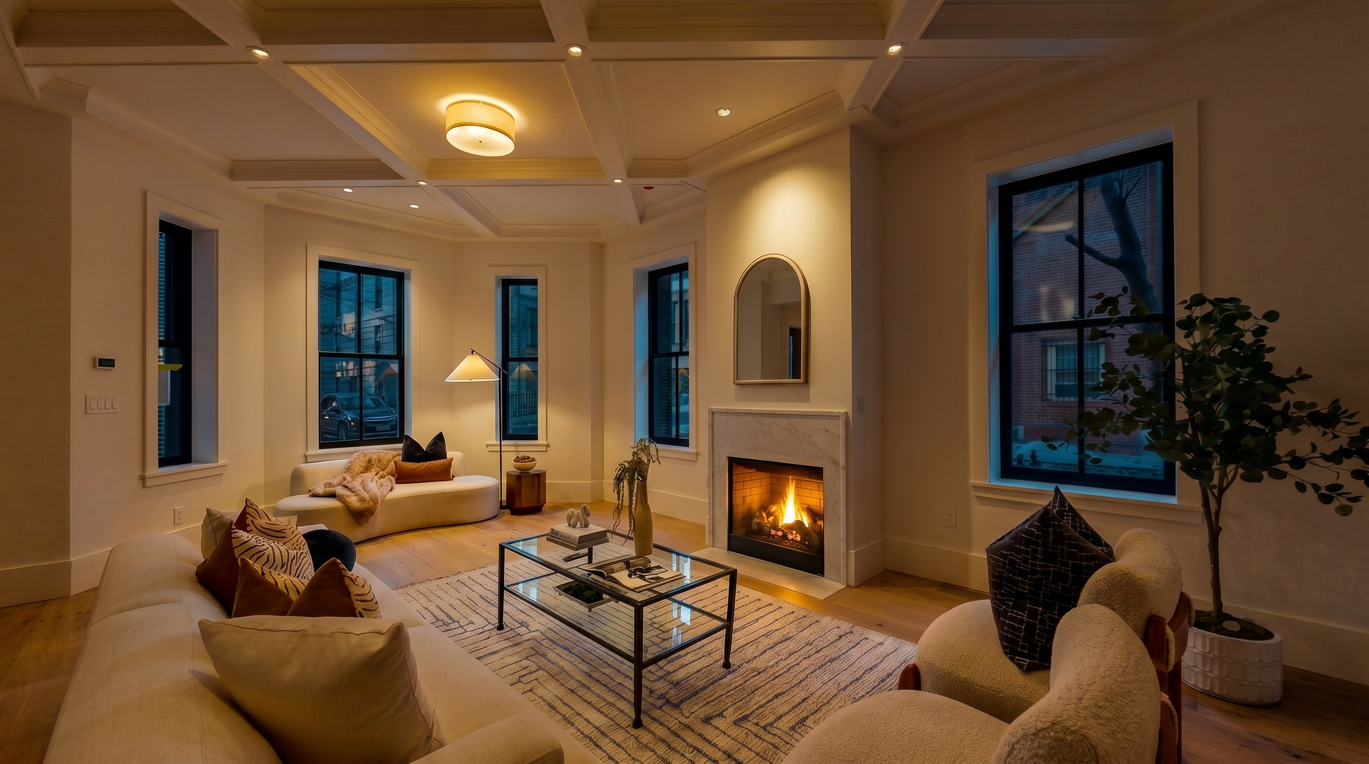 This bright and airy living room features a coffered ceiling and light wood flooring, creating a sophisticated and welcoming atmosphere. The space is anchored by a central fireplace with a stone surround and a mantel, flanked by large windows that fill the room with natural light. A neutral color palette, plush seating, and a patterned area rug complete the elegant, modern design.