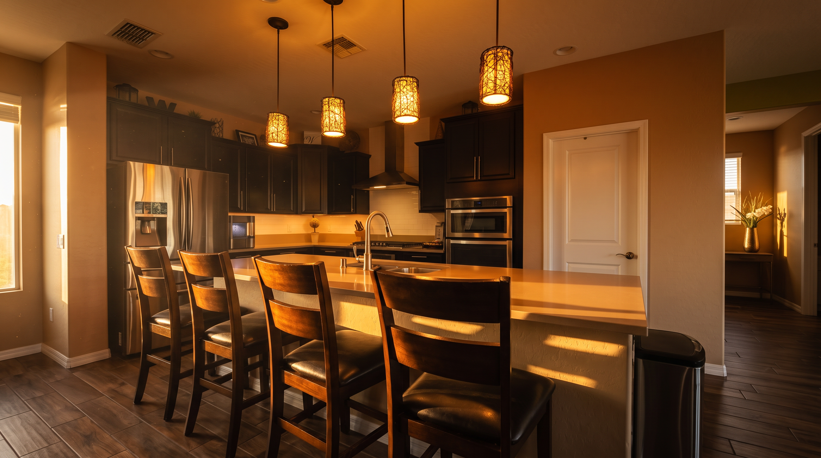 This modern kitchen features dark cabinetry contrasted by light-toned countertops and a spacious island with seating for four. The space is equipped with stainless steel appliances, including a built-in microwave and oven, and is illuminated by four decorative pendant lights hanging above the island. The perspective captures the functional layout of the kitchen, highlighting the open flow and the neutral color palette that creates a warm, inviting atmosphere.