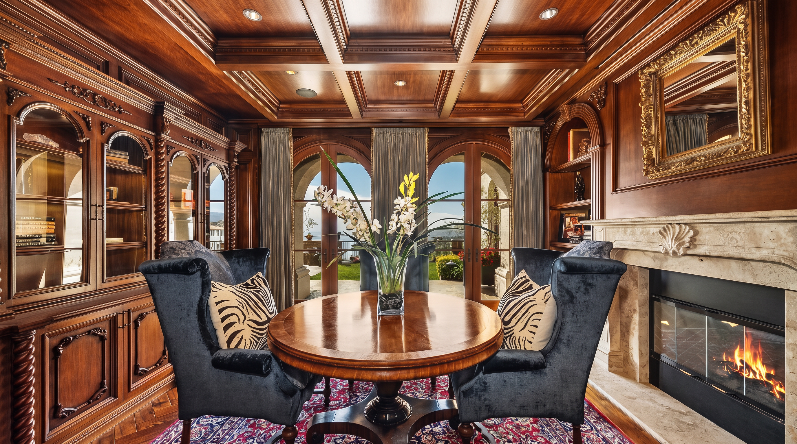 This sophisticated study features rich wood-paneled walls, built-in cabinetry with glass-front shelving, and a coffered ceiling with recessed lighting. A central round wooden table is flanked by two dark upholstered wingback chairs with zebra-print accent pillows, all set atop a vibrant patterned area rug. A stone fireplace with a decorative mantel sits to the right, while large arched glass doors provide a view of the outdoor landscape.