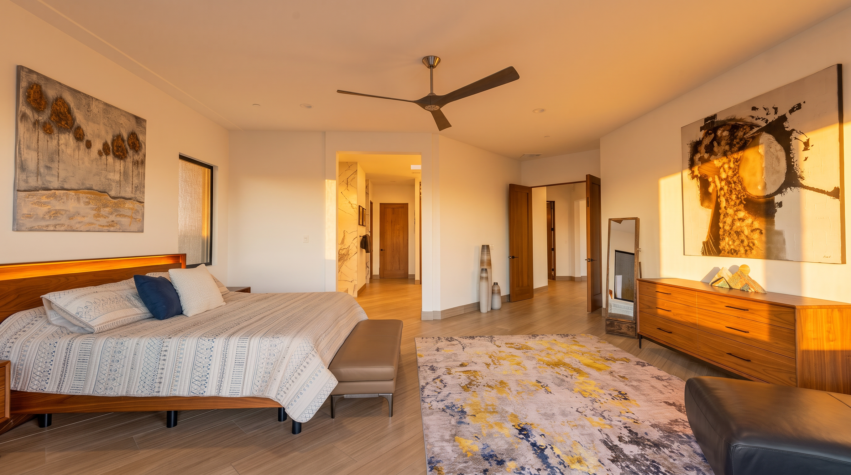 This spacious primary bedroom features a contemporary design with light wood-look flooring and a neutral color palette. The room is anchored by a large bed with an integrated headboard light, complemented by a patterned area rug, a wooden dresser, and abstract wall art. The open layout provides a seamless transition into a hallway, creating an airy and sophisticated atmosphere.