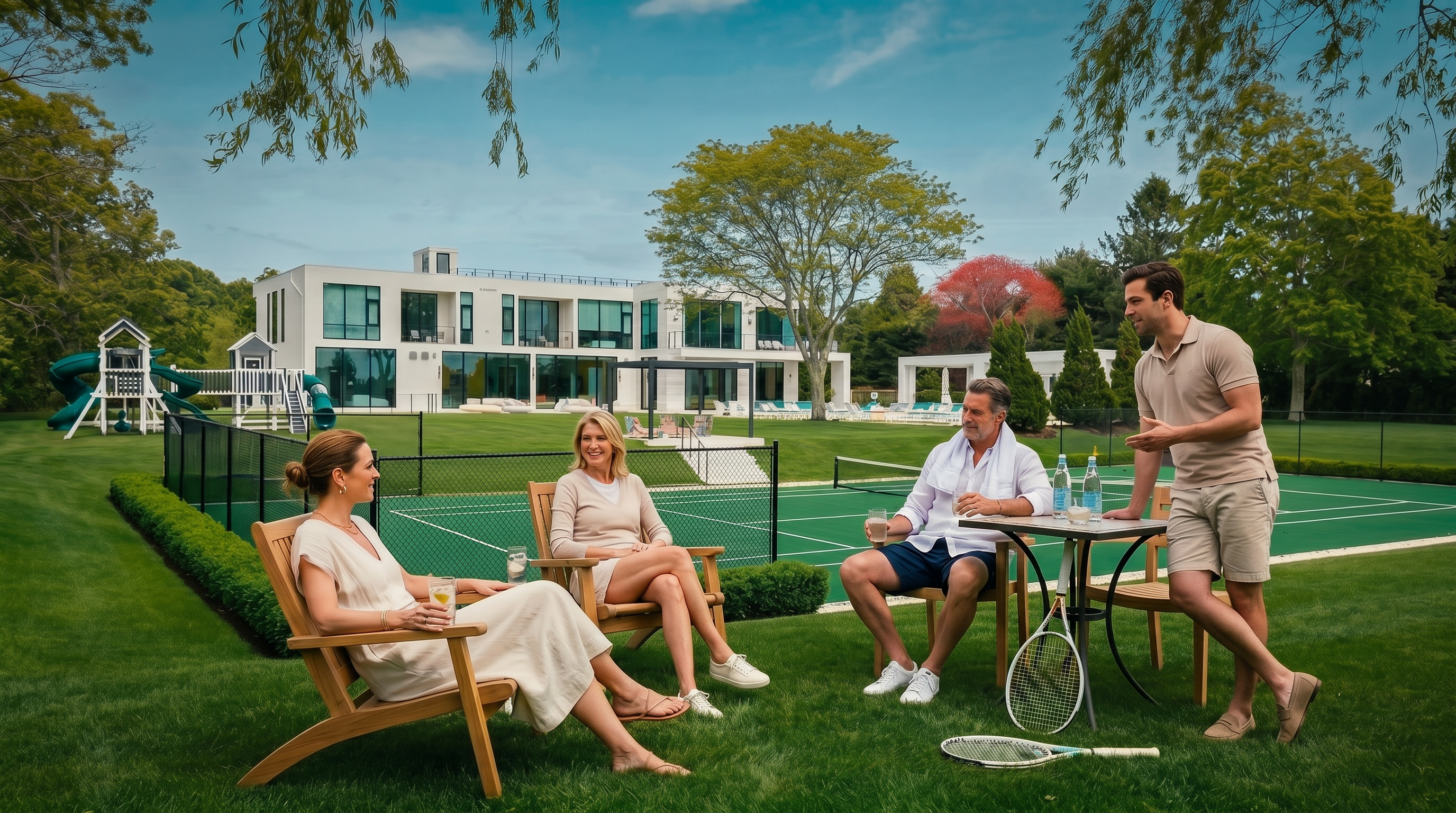 This expansive rear view showcases a modern, multi-level residence with large windows and a clean, white facade. The property features a meticulously manicured lawn, a private tennis court enclosed by black fencing, and a children's play structure to the left. The scene is captured from a low-angle perspective, emphasizing the vastness of the outdoor space and the architectural elegance of the home.
