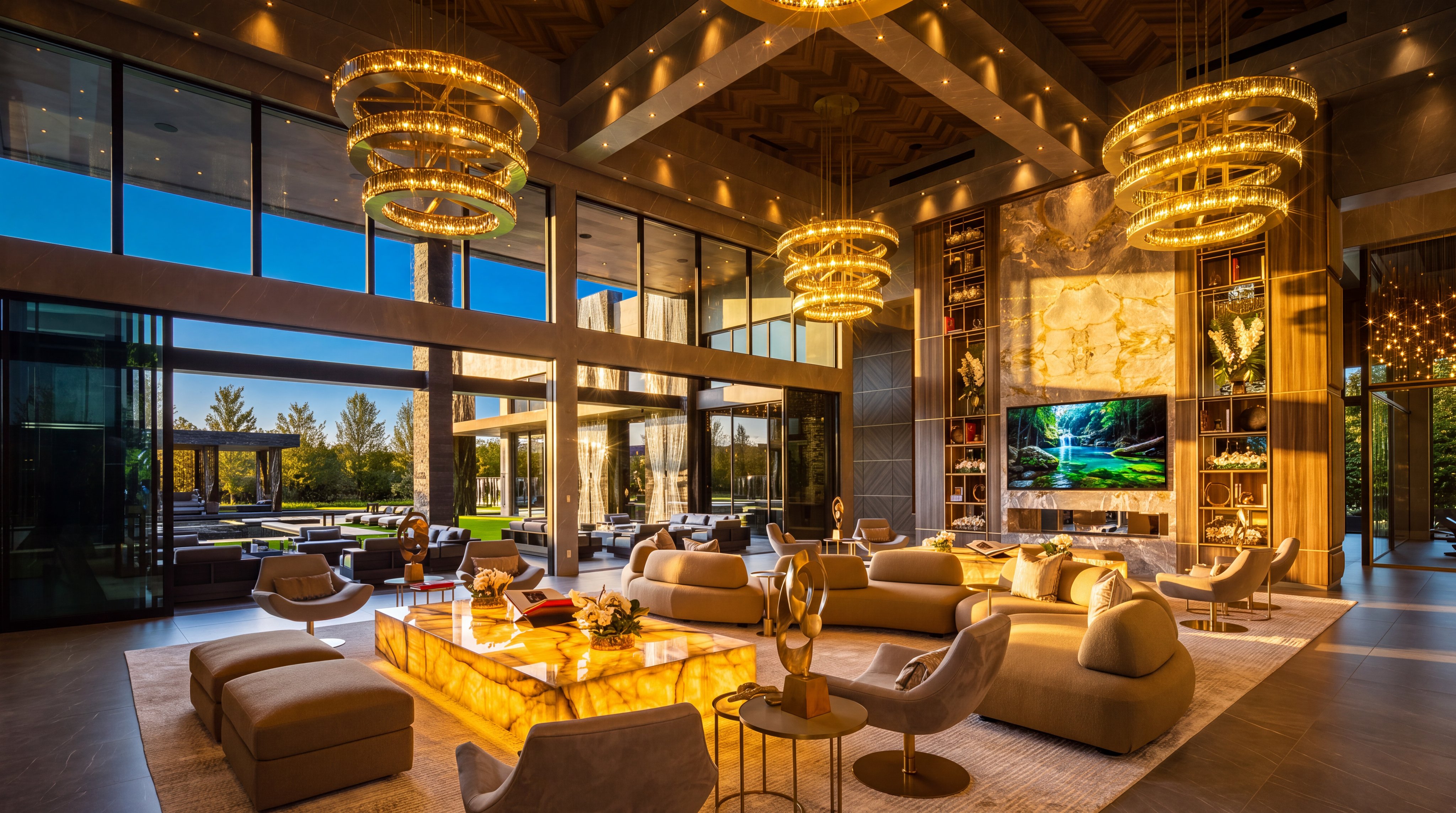 This expansive, high-ceilinged living room features a sophisticated open-concept design with large glass walls that provide a seamless transition to the outdoor landscape. The space is anchored by a massive, illuminated stone coffee table and a large, curved sectional sofa, all set beneath multiple tiered gold-toned chandeliers. A prominent stone-clad chimney breast serves as a focal point, housing a television and flanked by integrated shelving units, creating a luxurious and airy atmosphere.