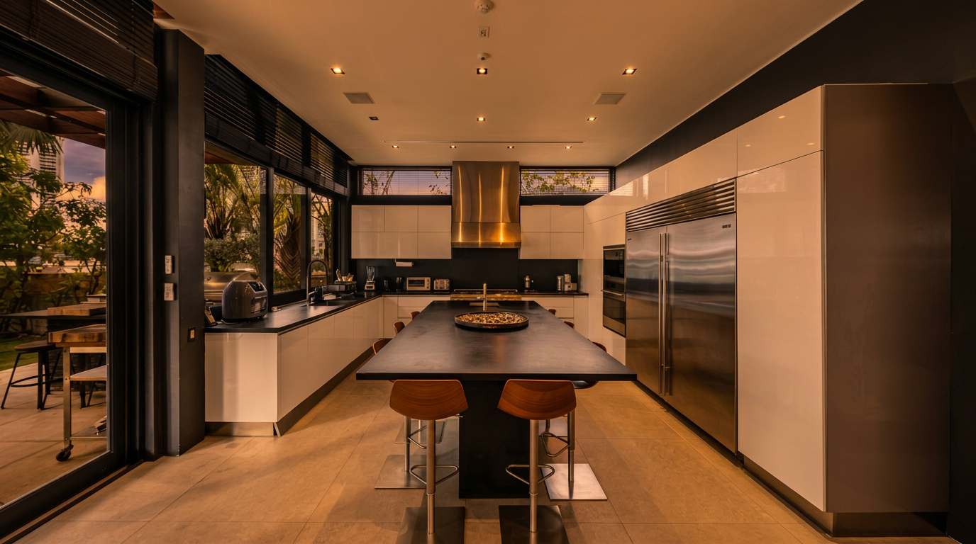This sleek, modern kitchen features a large central island with a dark countertop and integrated seating, serving as the focal point of the room. The space is defined by high-contrast white cabinetry, stainless steel appliances, and dark wall accents, complemented by large windows that provide ample natural light and a view of the outdoor area. The minimalist design is enhanced by recessed ceiling lighting and a professional-grade range hood, creating a sophisticated and functional culinary environment.