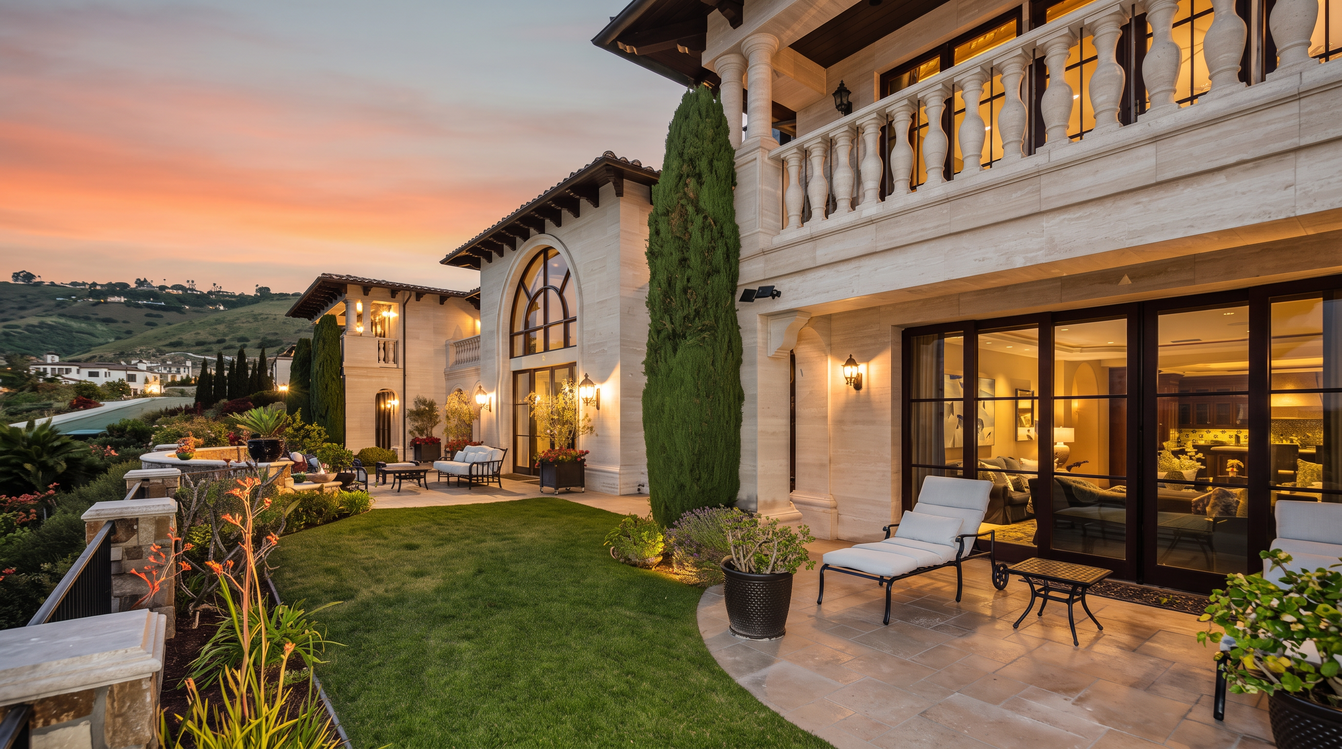 This elegant Mediterranean-style estate features a spacious stone-paved patio overlooking a manicured lawn and lush landscaping. The exterior showcases light-toned stone masonry, arched architectural details, and a second-story balcony with decorative balustrades. Large glass doors provide a seamless transition between the outdoor living area and the interior, creating an inviting atmosphere perfect for evening relaxation.