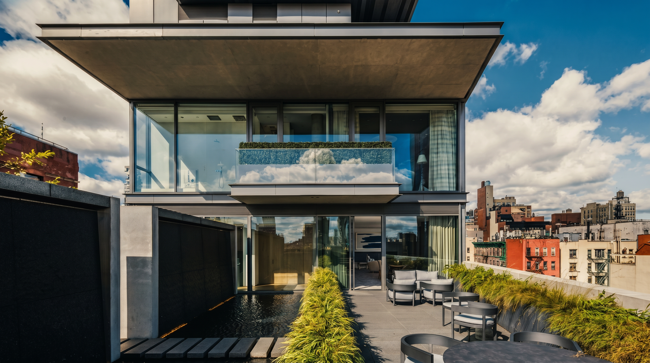 This sophisticated urban terrace features a sleek, modern design with a reflective water feature and a row of manicured ornamental grasses. The space is furnished with contemporary outdoor seating and a dining table, set against a backdrop of floor-to-ceiling glass walls that open into the residence. The perspective captures the architectural elegance of the building's cantilevered roofline and its integration with the surrounding city skyline.