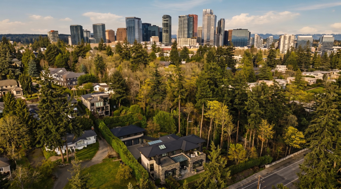 This high-angle aerial shot captures a contemporary multi-level residence nestled within a lush, wooded landscape. The home features a dark, multi-pitched roof, stone exterior accents, and a glass-covered patio area, all set against a backdrop of a dense urban skyline. The perspective highlights the property's unique blend of private, tree-lined seclusion and proximity to a major metropolitan city center.