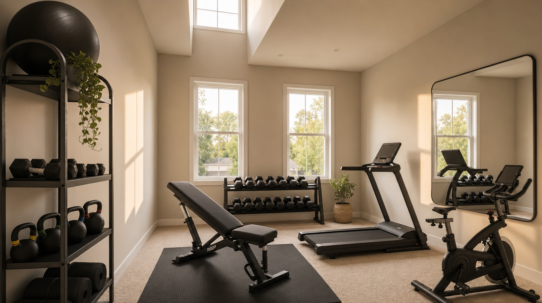 This spacious and well-lit home gym features professional-grade fitness equipment, including a treadmill, stationary bike, and an adjustable weight bench. The room is accented by large windows that provide natural light, a tall storage unit for kettlebells and dumbbells, and a large wall mirror, creating an inviting and functional space for exercise.