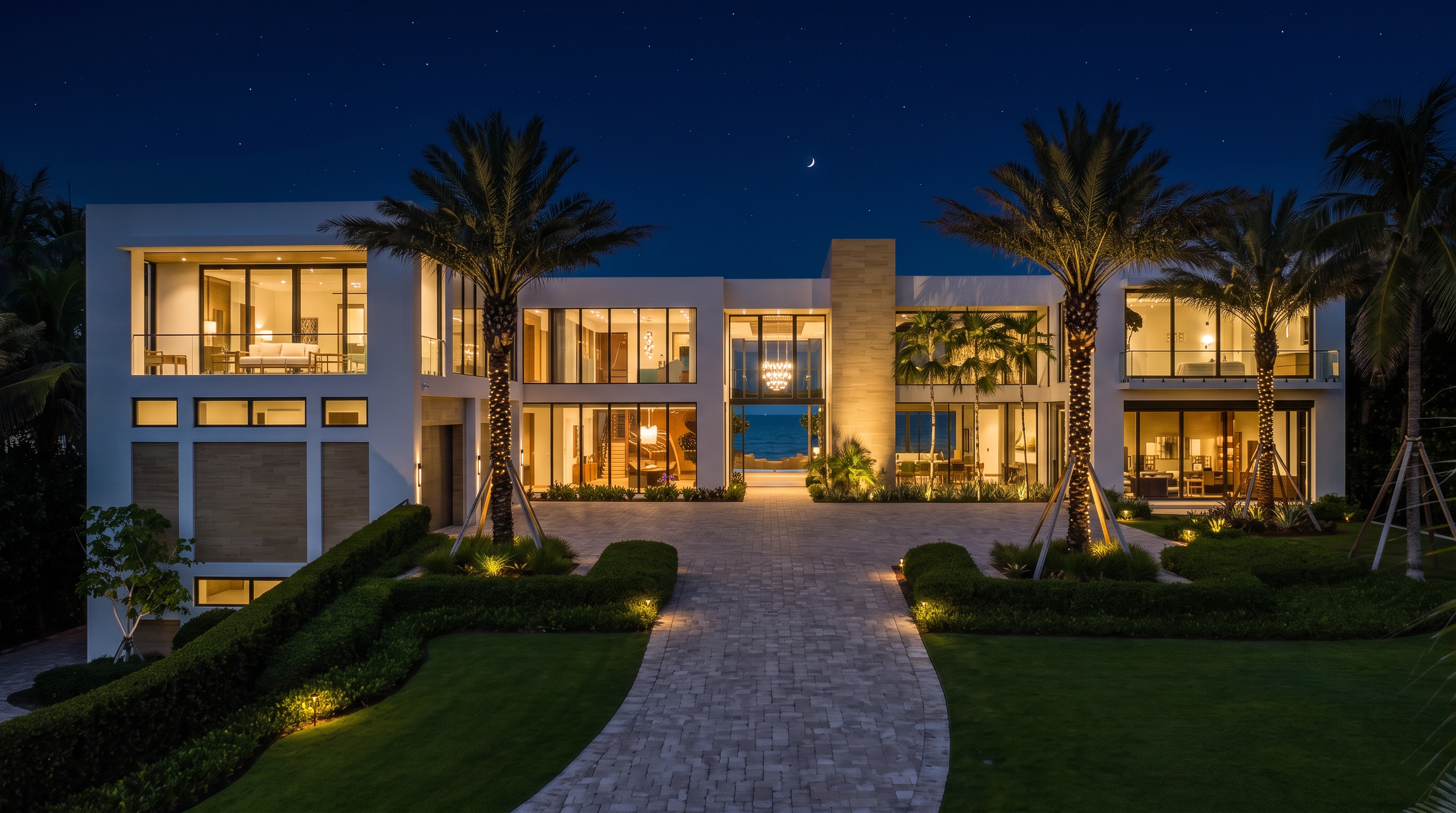 This striking modern estate features a symmetrical, multi-level architectural design with extensive glass walls and clean white lines. A wide, paved driveway leads to the grand central entrance, flanked by manicured hedges and lush green lawns. The scene is captured at dusk, with the warm glow of interior lighting contrasting against the soft, colorful sunset sky.