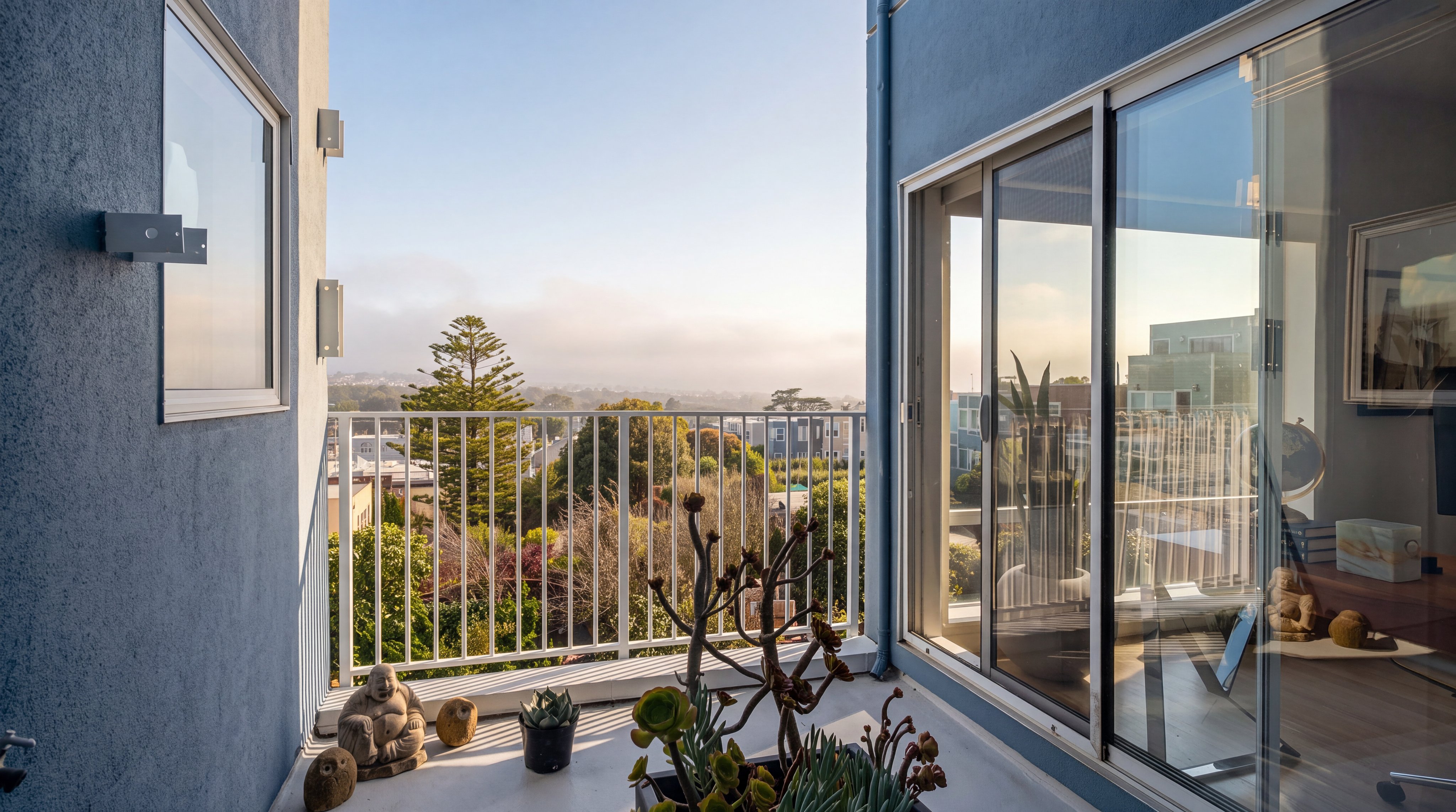 This bright, modern balcony offers a private outdoor space with a clear view of the surrounding neighborhood and distant hills. The area features a white metal railing, a large planter filled with succulents, and decorative stone figurines, creating a serene atmosphere. Large sliding glass doors provide seamless access to the interior, enhancing the indoor-outdoor living experience.