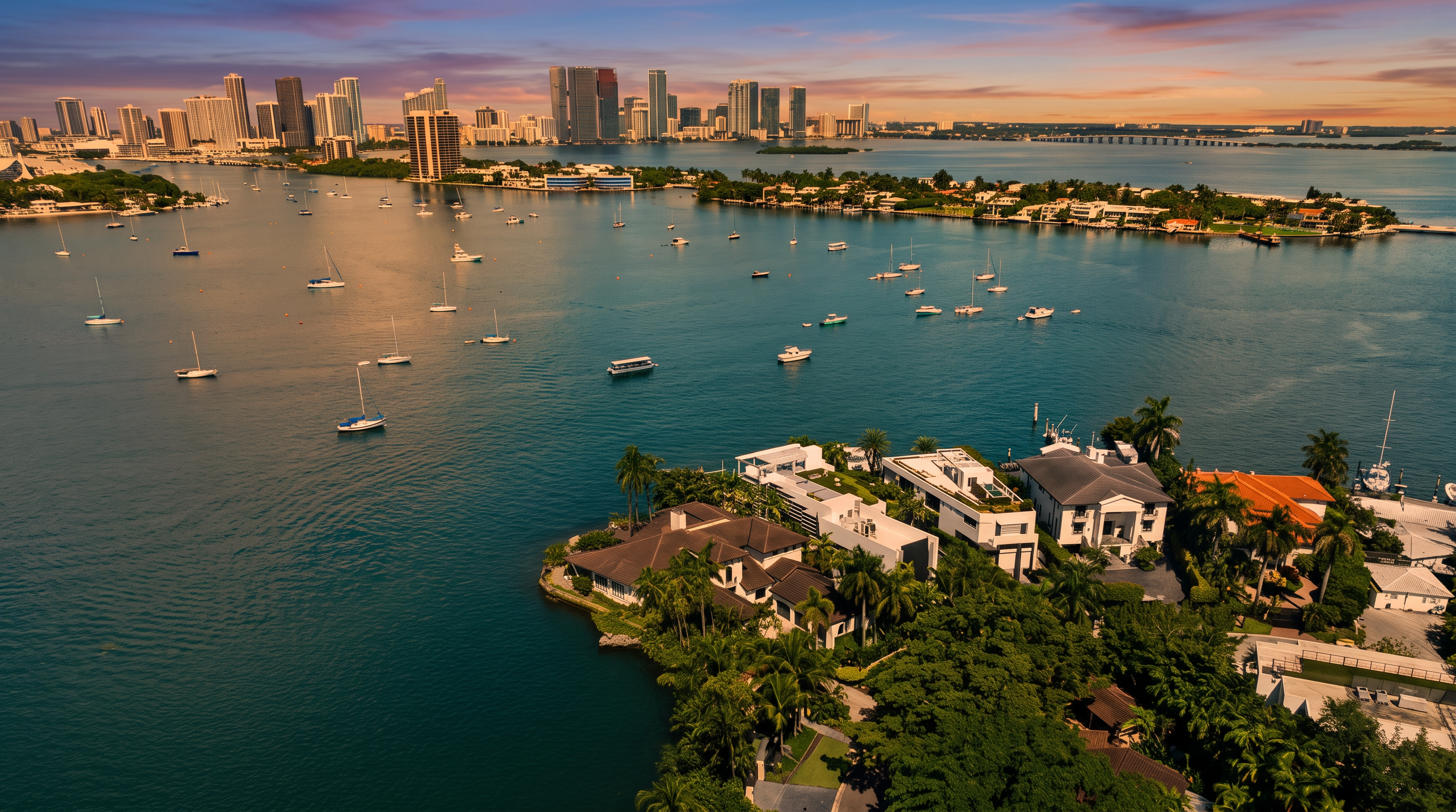 This high-angle aerial view captures a luxurious waterfront estate in a coastal setting, showcasing multiple modern residences with flat roofs and expansive terraces. The property features lush tropical landscaping and direct access to the bay, which is dotted with numerous sailboats and yachts. In the background, a prominent city skyline rises across the water, providing a striking urban contrast to the serene residential foreground.