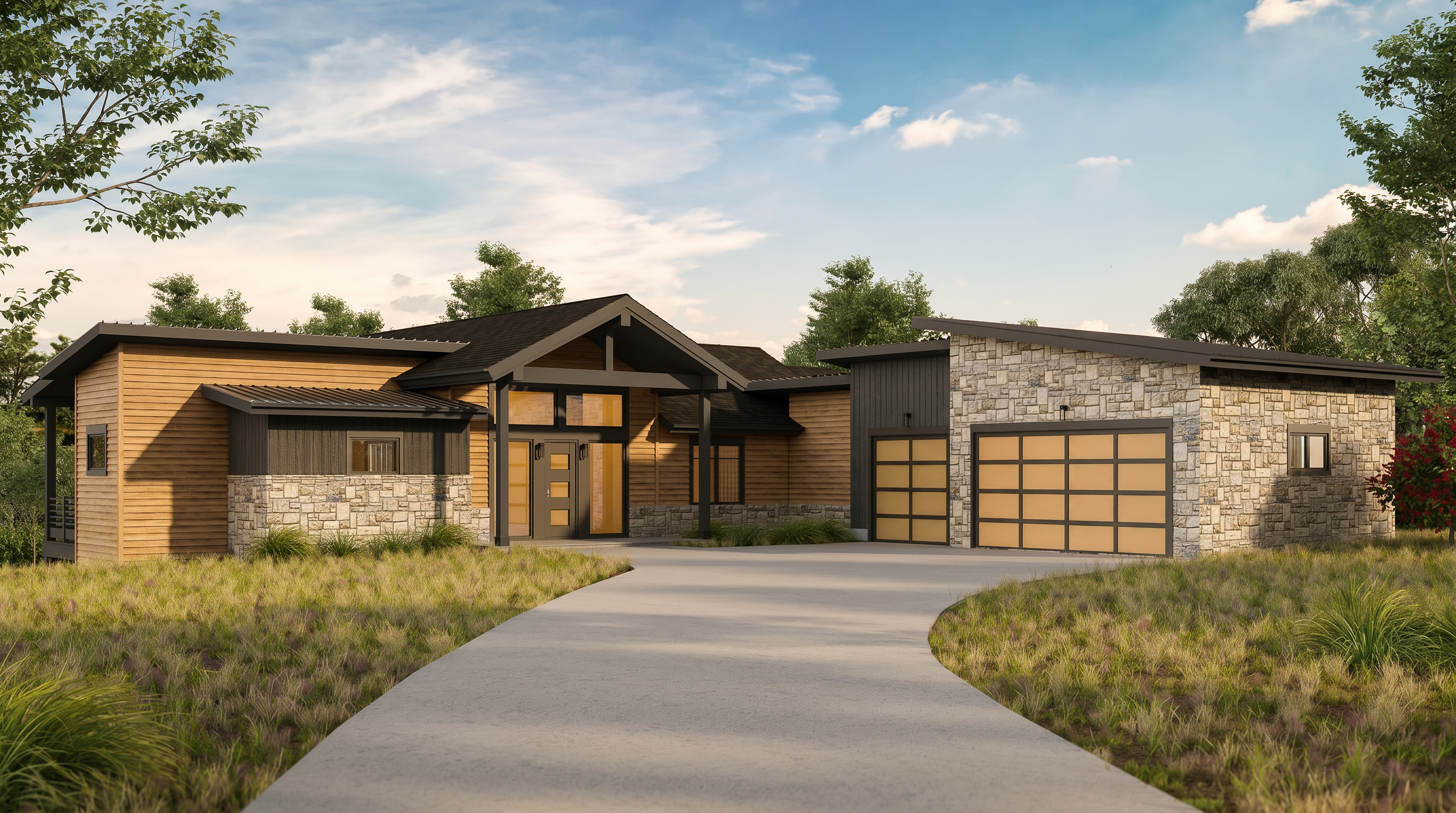 This modern mountain-style home features a striking blend of horizontal wood siding, natural stone accents, and dark metal roofing. The front elevation showcases a prominent covered entryway with a gabled roofline, flanked by a multi-car garage with glass-paneled doors. The perspective is a wide-angle shot from the driveway, emphasizing the home's clean lines and integration with the surrounding landscape.