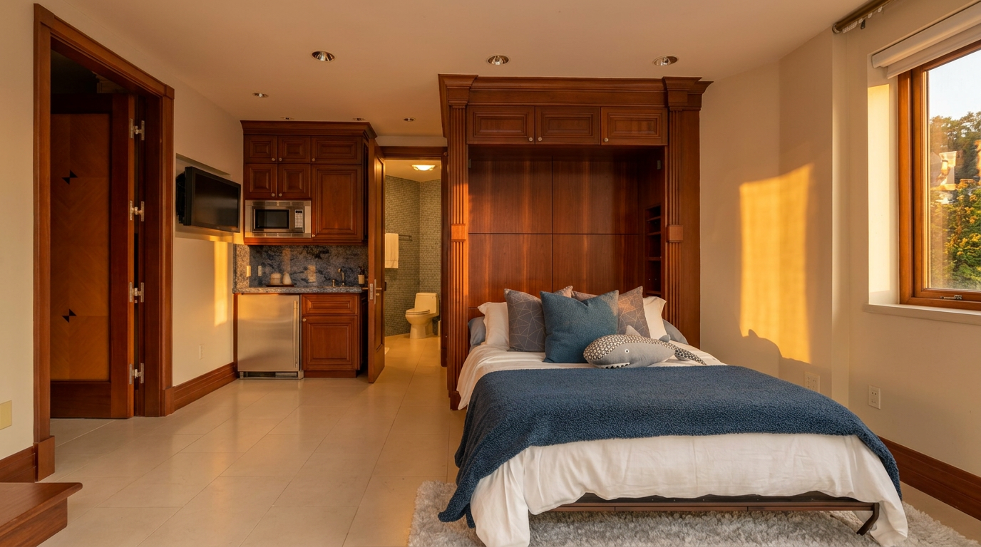 This studio-style bedroom features a built-in wooden wall unit housing a bed, complemented by a compact kitchenette area with dark wood cabinetry, a microwave, and a stainless steel refrigerator. The room is finished with light-colored tile flooring and includes a doorway leading to an adjacent bathroom. The space is designed for efficiency, combining sleeping and basic living amenities in a single, cohesive layout.