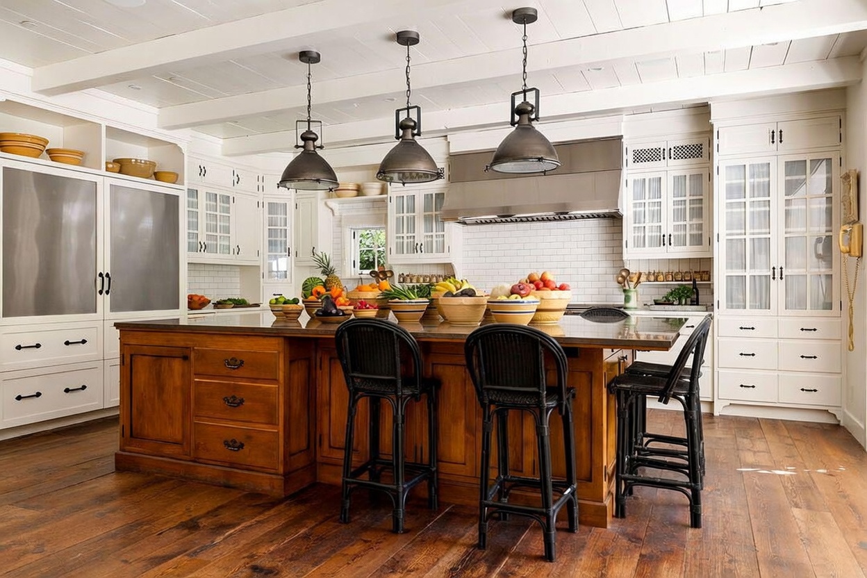 This spacious, farmhouse-style kitchen features a large central island with a dark stone countertop and warm-toned wood cabinetry, complemented by three black metal pendant lights. The perimeter includes white cabinetry, a subway tile backsplash, and a stainless steel range hood, all set against a backdrop of white-painted wood-paneled ceilings. The perspective is a wide, eye-level shot that captures the inviting, functional layout of the room, complete with dark wicker bar stools and rustic wood flooring.