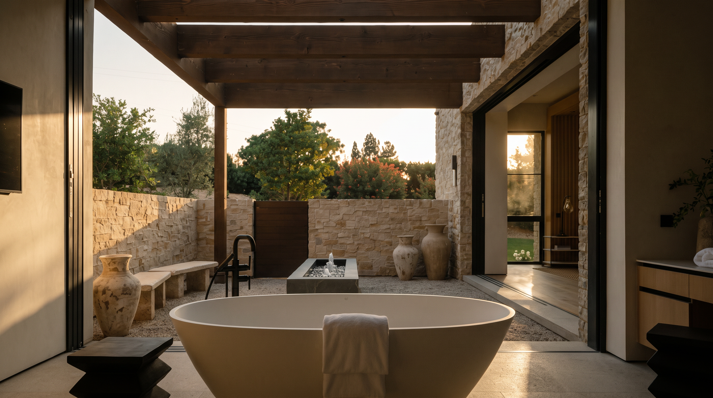 This luxurious primary bathroom features a seamless transition to an outdoor patio through large, retractable glass doors. A sleek, white freestanding soaking tub serves as the centerpiece, complemented by minimalist black side tables and a stone-clad outdoor area with a water feature. The design emphasizes a serene, spa-like atmosphere with natural stone textures and an open-concept layout that blurs the line between indoor and outdoor living.