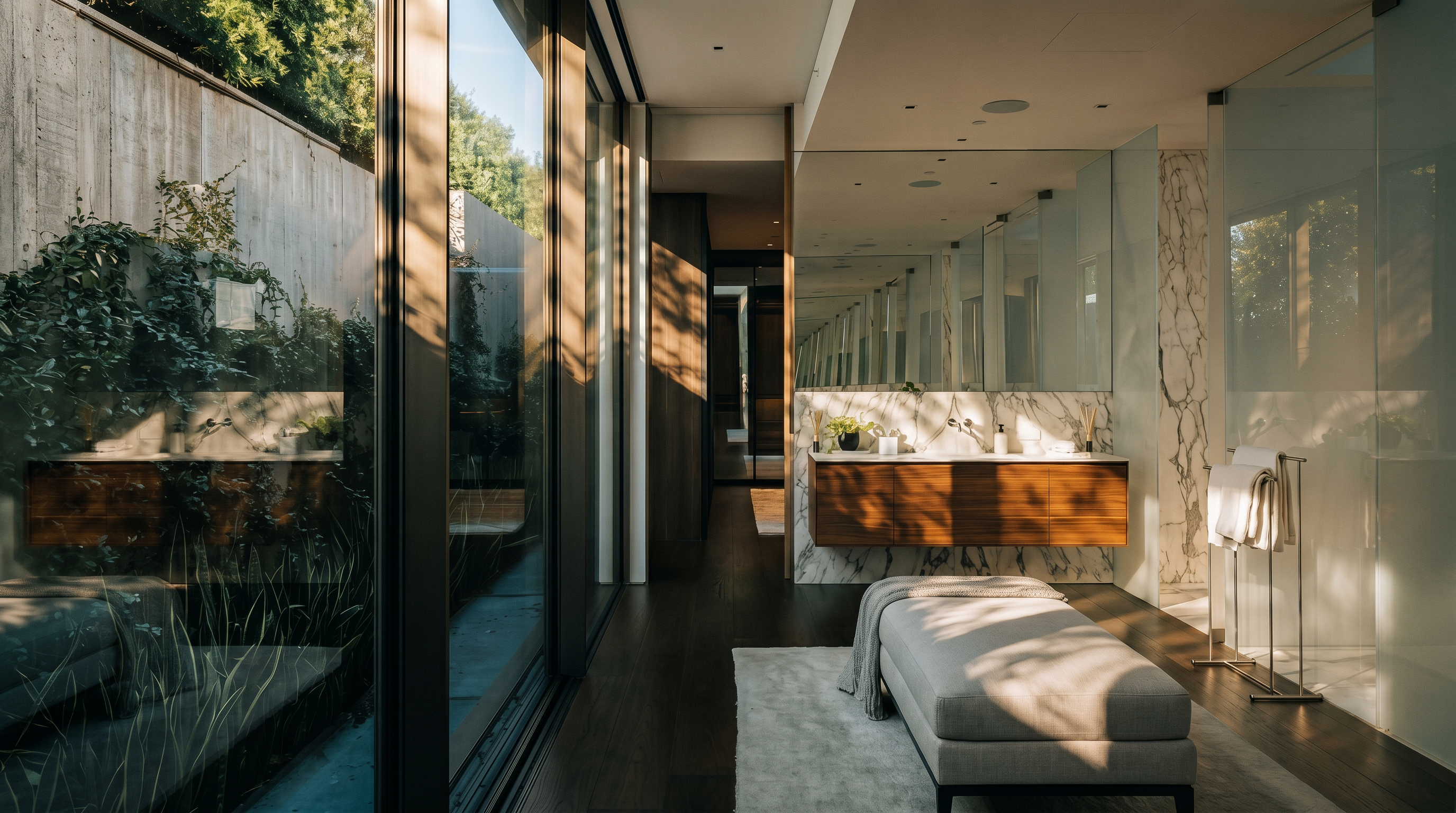 This luxurious primary bathroom features a sleek, modern design with a floating wood vanity, marble backsplash, and a large mirror that enhances the sense of space. A plush, neutral-toned bench sits on a soft rug in the foreground, while floor-to-ceiling glass walls provide a seamless connection to a private, lushly landscaped outdoor garden. The warm, natural lighting and high-end finishes create a serene, spa-like atmosphere.