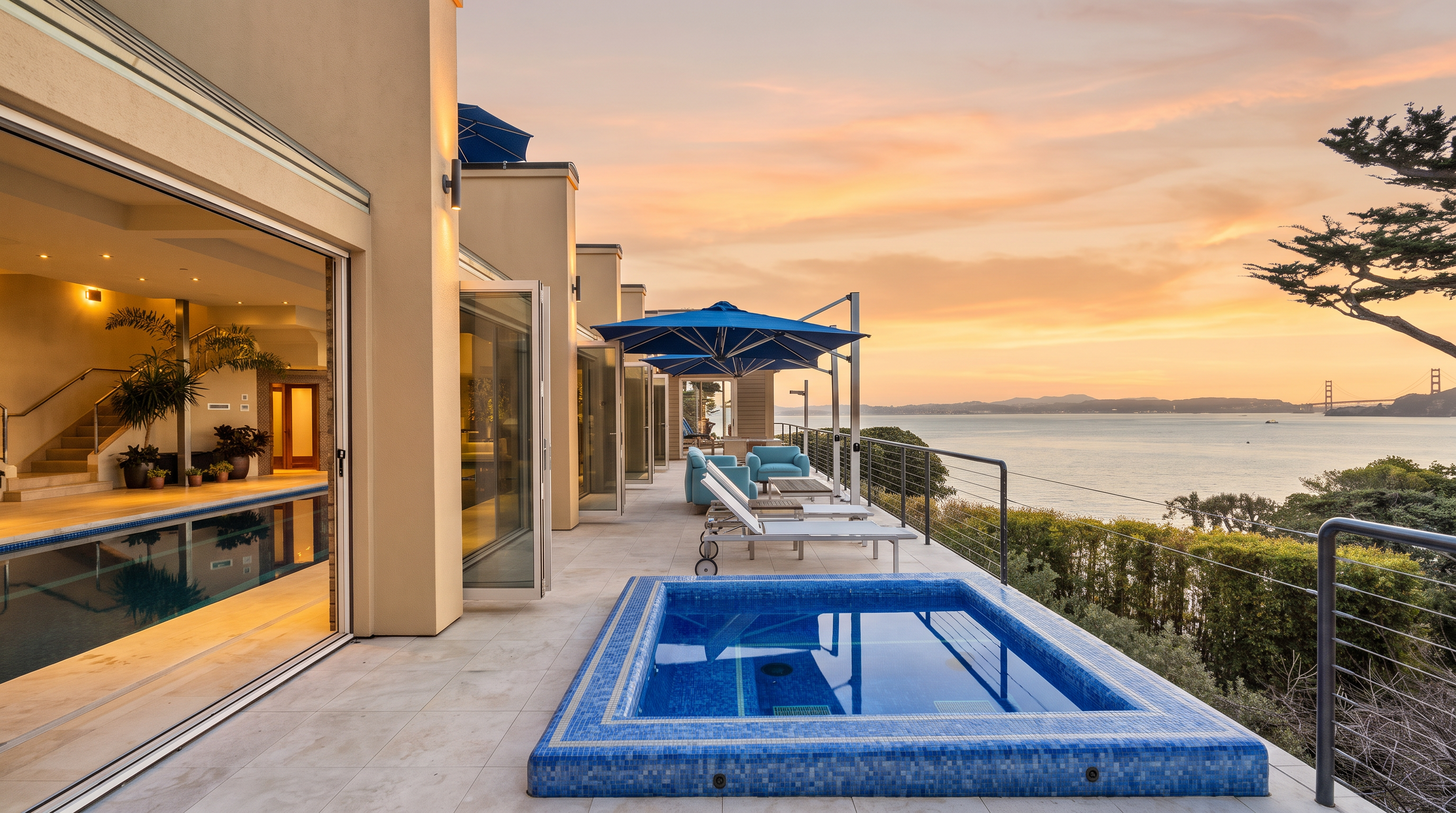 This expansive outdoor terrace features a tiled patio area with a built-in blue mosaic-tiled spa overlooking a scenic bay and distant bridge. The space includes a row of lounge chairs shaded by large umbrellas, seamlessly connecting to an indoor pool area through wide-opening glass doors. The setting offers a luxurious, resort-like atmosphere with panoramic water views and a clean, modern architectural design.