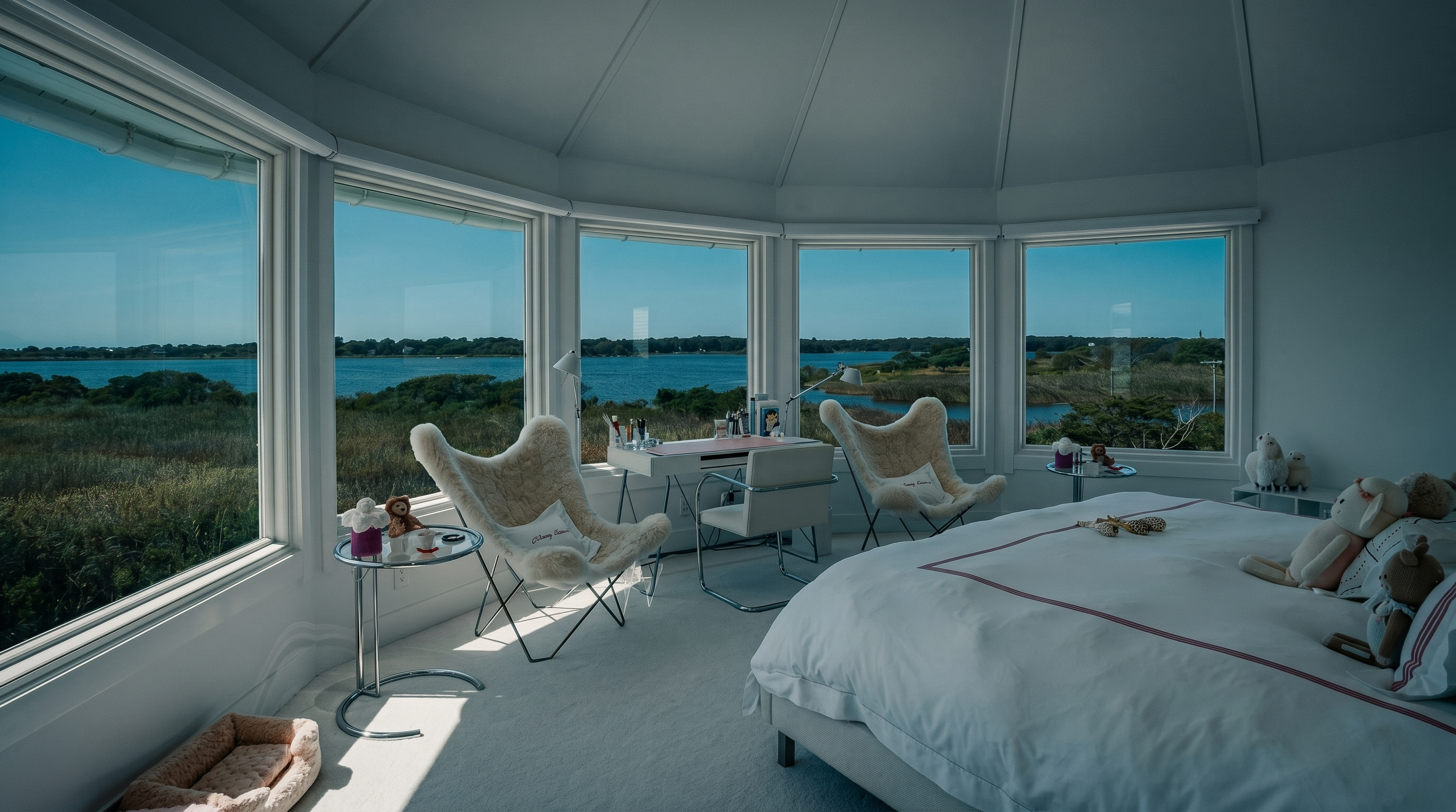 This bright and airy primary bedroom features a unique, curved wall of large windows that provide panoramic views of the surrounding water and landscape. The room is furnished with a plush bed, two white fur-covered accent chairs, and a sleek desk, all set against a clean, white color palette. The vaulted ceiling and expansive glass create a serene, light-filled atmosphere that emphasizes the home's connection to the outdoors.