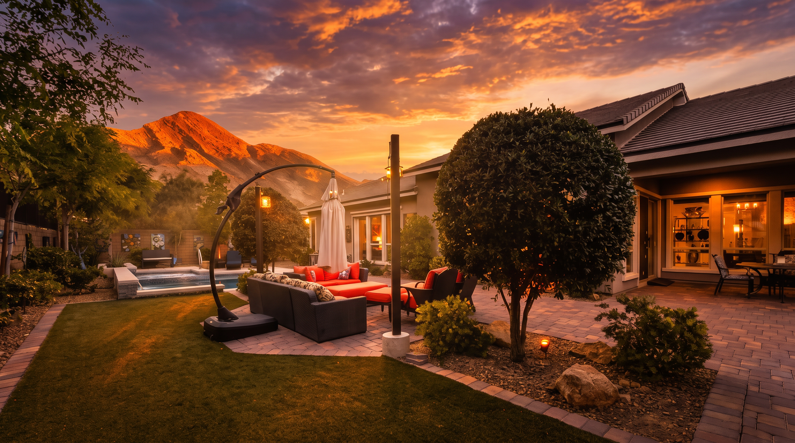 This stunning rear patio area features a beautifully landscaped backyard with mountain views, perfectly complemented by a sunset sky. The space includes a modern outdoor lounge set, a paver stone patio, a meticulously maintained lawn, and an inviting private pool/spa. It offers an ideal setting for relaxation and outdoor entertainment in a picturesque desert environment.
