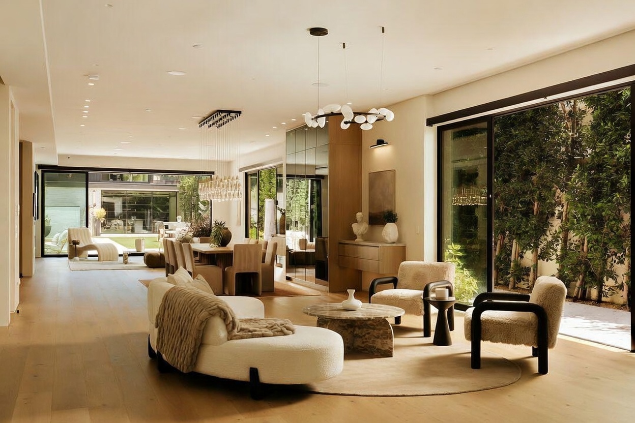 This expansive, open-concept living area features a sophisticated, neutral color palette with light wood flooring and contemporary furnishings. The space includes a curved sofa, two textured armchairs, and a round stone coffee table, all centered on a large area rug. Large sliding glass doors provide a seamless transition to the outdoor greenery, while a modern chandelier serves as a focal point above the seating area.