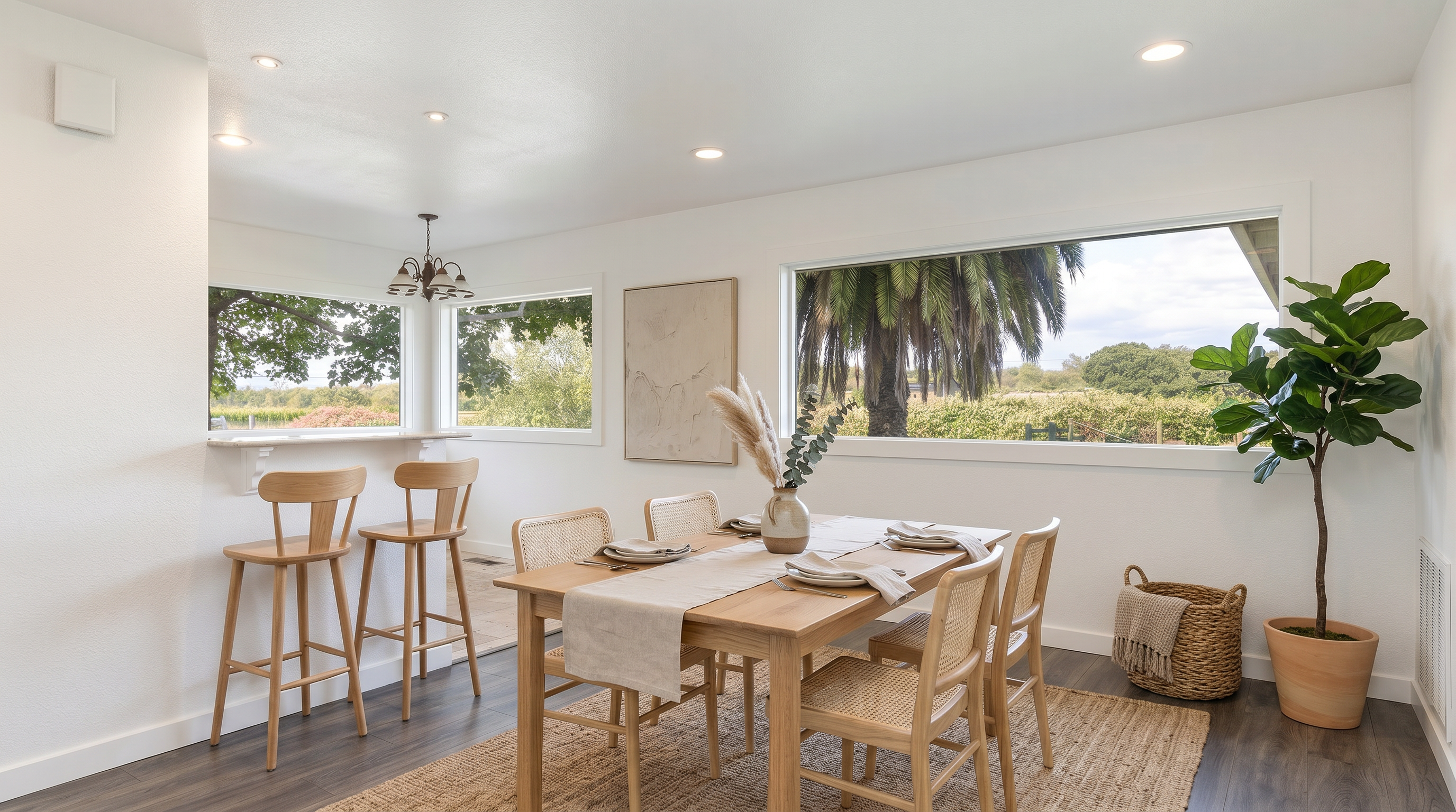 This bright and airy living room features dark wood-look flooring and crisp white walls, creating a clean, modern aesthetic. A large, wide window provides a panoramic view of the outdoor landscape, while a pass-through opening with a small counter connects the space to an adjacent dining area. The room is illuminated by recessed ceiling lights, offering a versatile and open-concept feel.