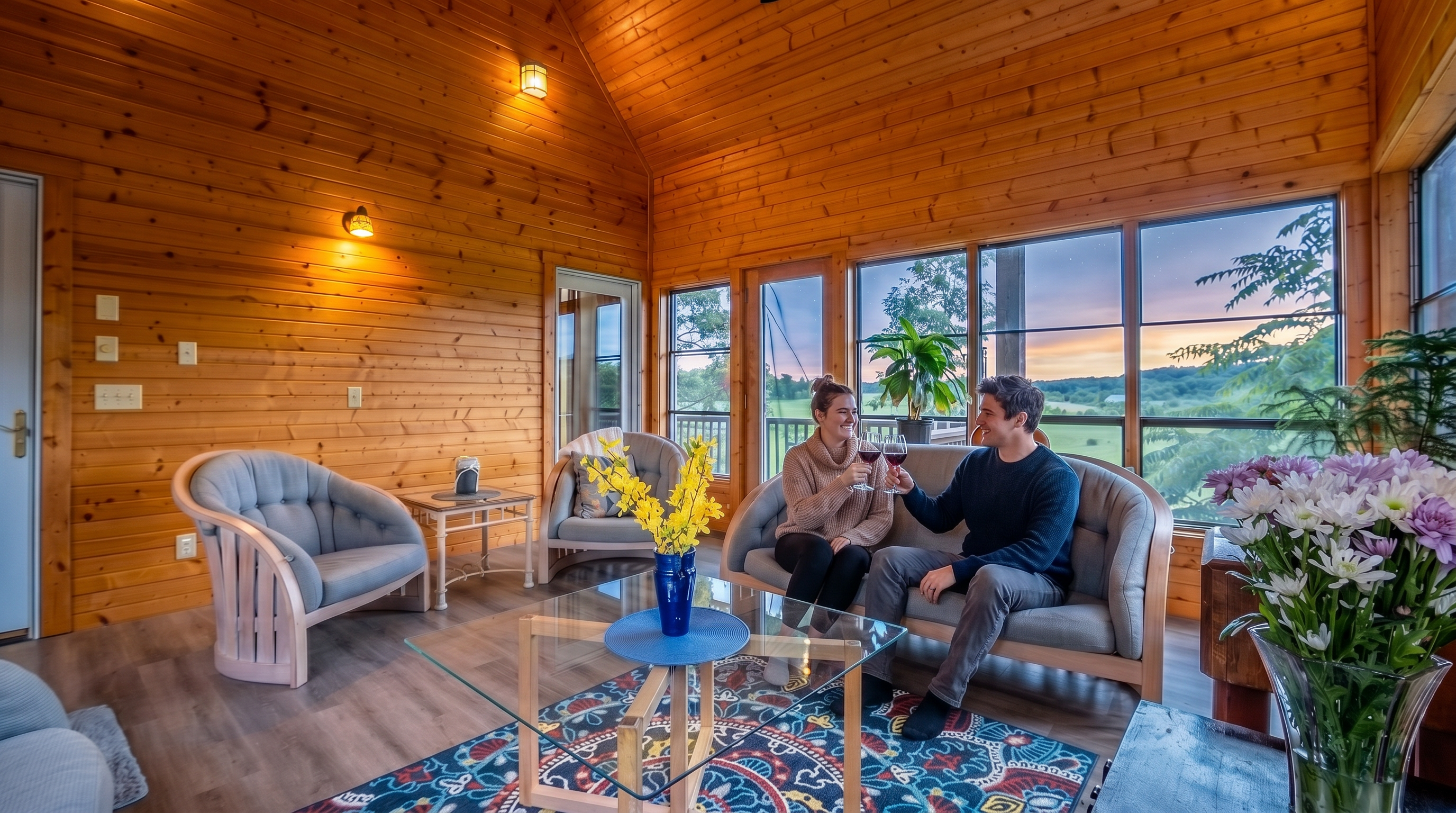 This bright sunroom features warm wood-paneled walls and a vaulted ceiling with a central fan, creating a cozy and inviting atmosphere. The space is furnished with a grey sofa and matching armchairs arranged around a glass-topped coffee table on a vibrant, patterned area rug. Large windows provide expansive views of the surrounding landscape, filling the room with natural light and highlighting the fresh floral arrangement on the table.