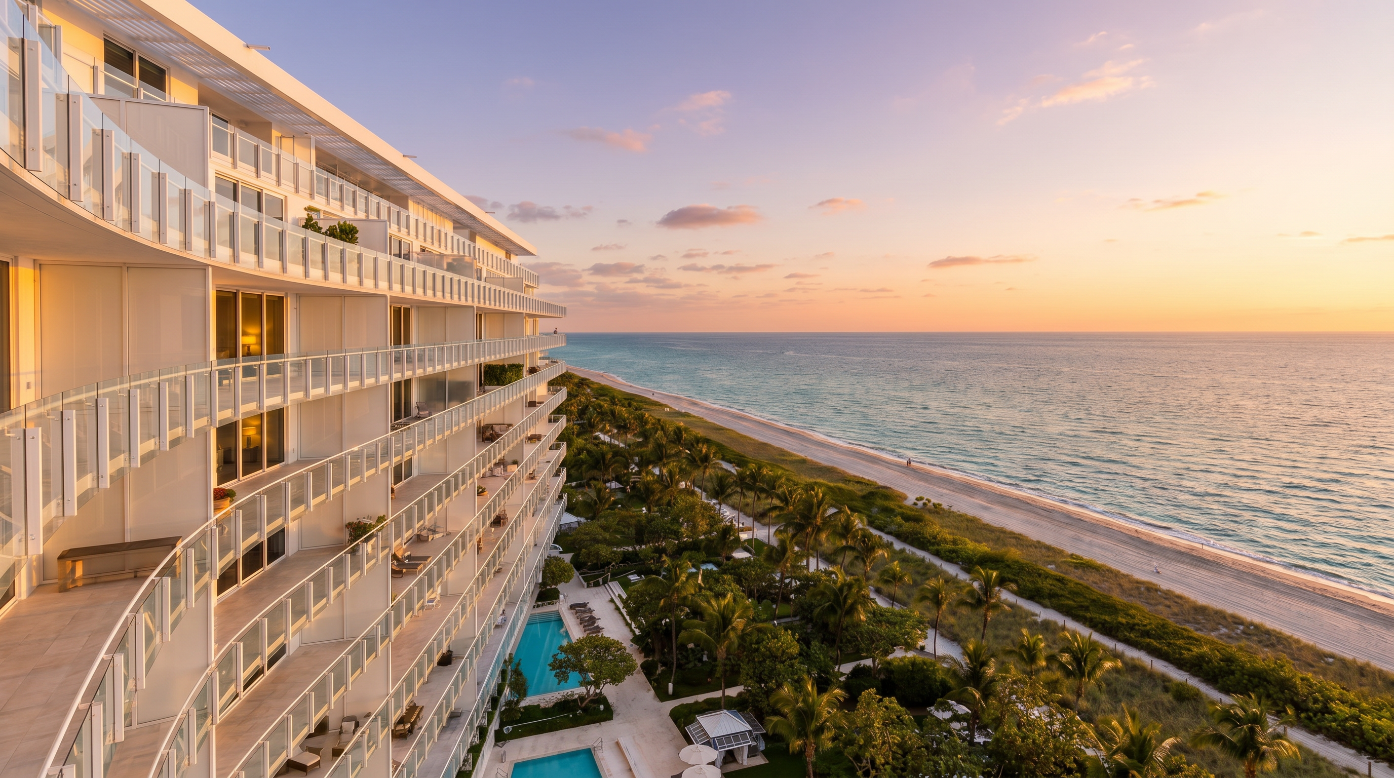 This high-angle perspective captures a sweeping view from a modern balcony overlooking a pristine coastline. The scene features a long, white building with glass railings, a lush green landscape with palm trees, and a turquoise ocean meeting a sandy beach under a clear blue sky. The vantage point emphasizes the luxury of the property's location and its direct proximity to the water.
