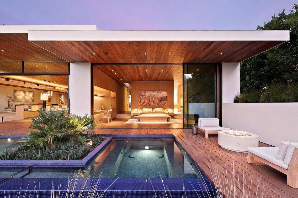 This stunning contemporary residence features a seamless indoor-outdoor transition, showcasing a primary bedroom that opens directly onto a private wooden deck. The space is anchored by a sleek, rectangular pool with integrated landscaping and a modern circular fire pit, creating a luxurious resort-like atmosphere. The warm wood-paneled ceiling extends from the interior to the exterior, emphasizing the architectural harmony and sophisticated design of the property.