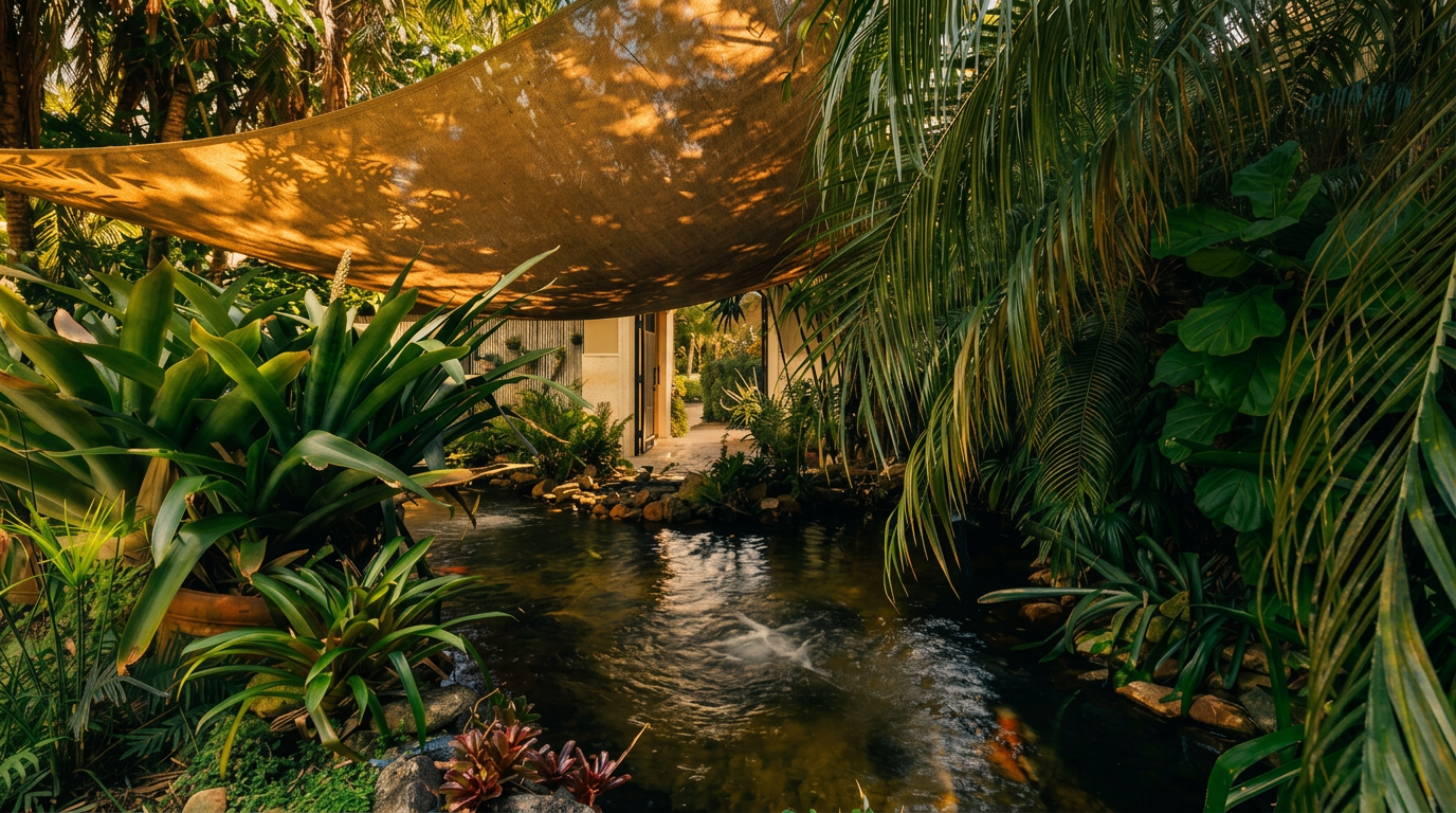 This lush, tropical garden features a serene koi pond as its centerpiece, surrounded by dense foliage, palm fronds, and vibrant bromeliads. A large, tan-colored shade sail is suspended overhead, providing filtered light to the tranquil water feature and the stone-lined path leading toward a gated entryway. The scene evokes a private, resort-like atmosphere with a focus on natural landscaping and peaceful outdoor living.