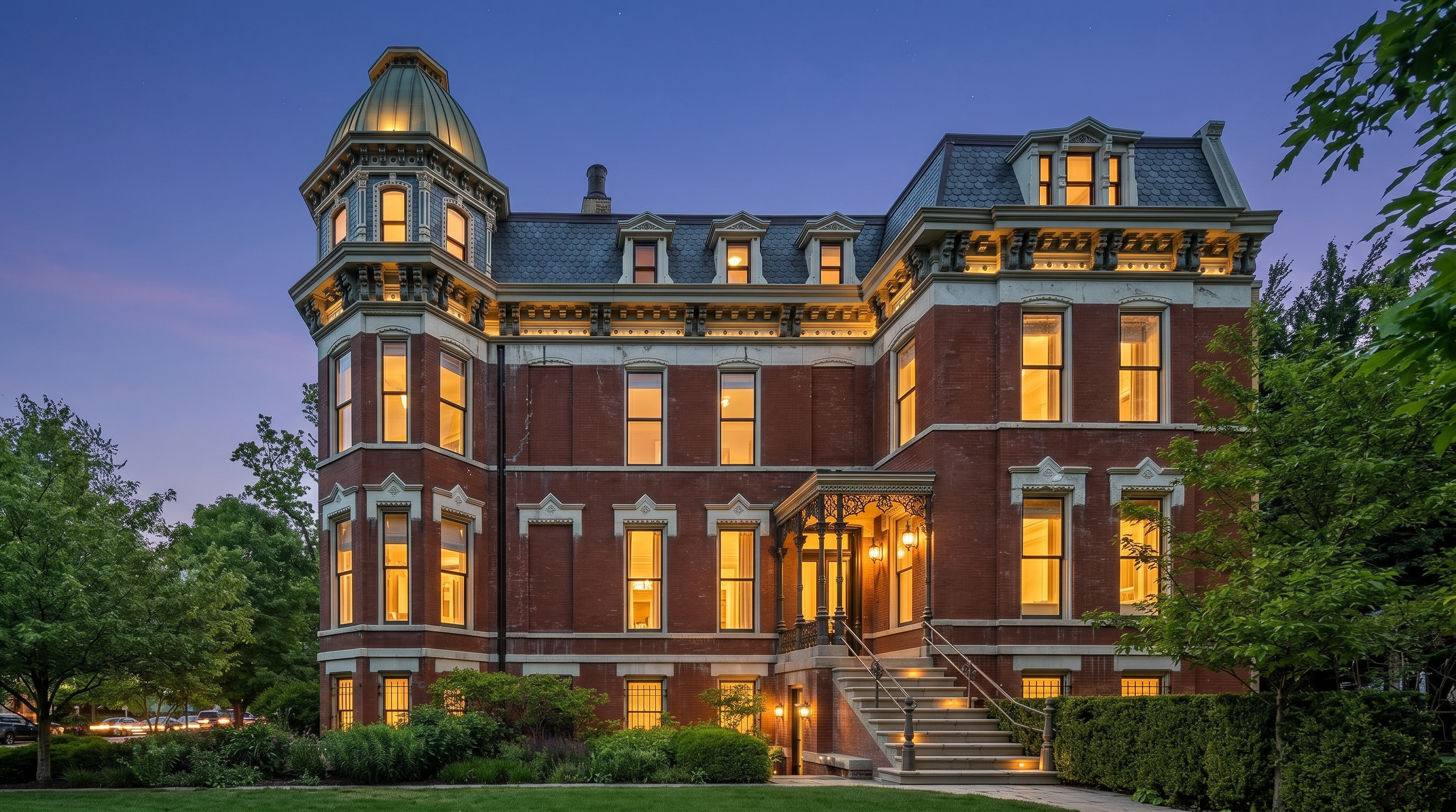 This grand, multi-story brick residence showcases classic Second Empire architectural styling, characterized by its prominent mansard roof and a distinctive corner tower topped with a dome. The front facade features a symmetrical arrangement of tall, rectangular windows, intricate decorative masonry, and a central staircase leading to an elevated entryway. Set against a lush green lawn and mature trees, the home presents an imposing and historic aesthetic.
