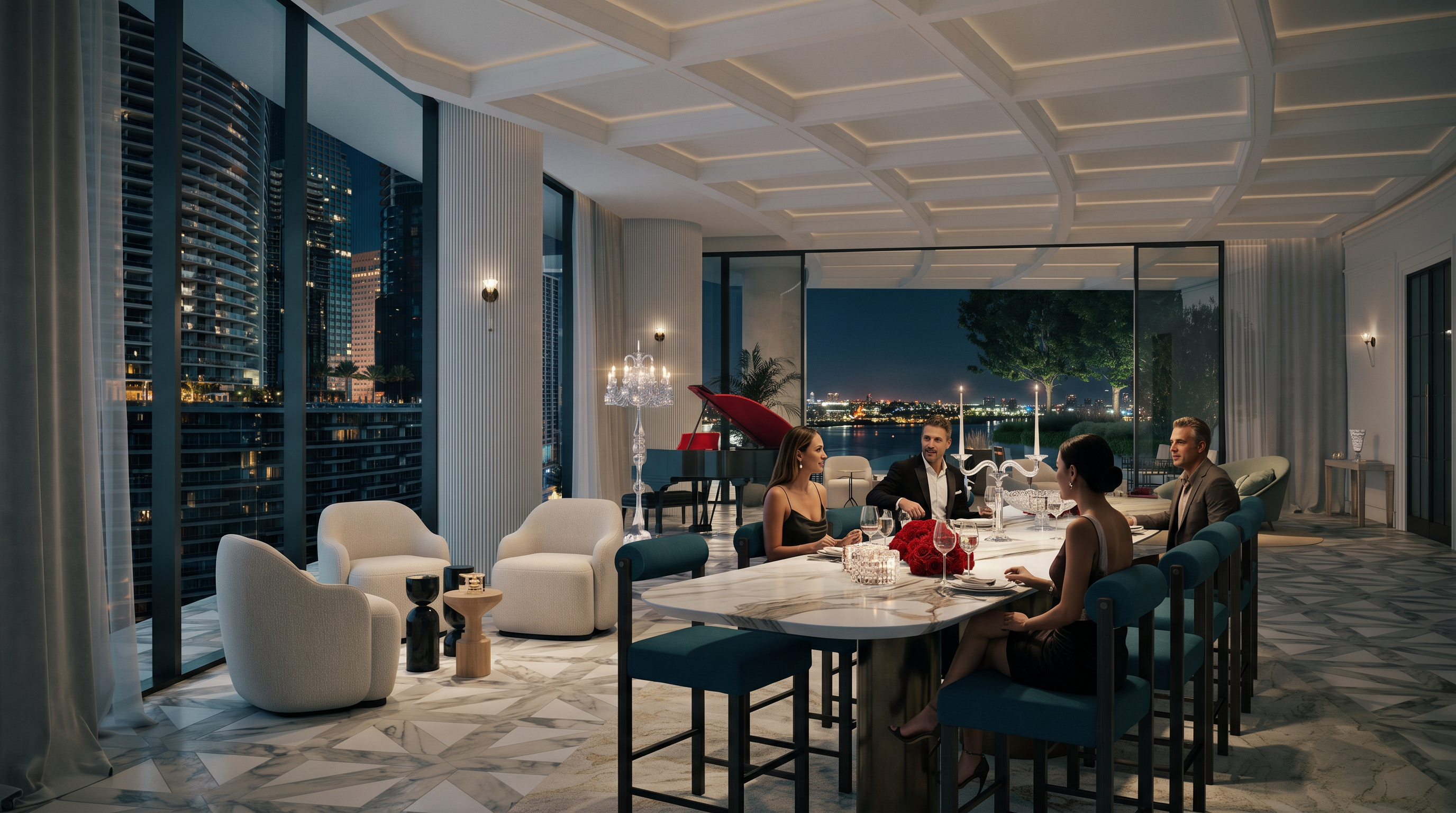 This sophisticated open-concept living and dining area features a long dining table with blue upholstered chairs and a centerpiece of red roses. The space is anchored by a grand piano near a wall with vertical paneling and is illuminated by a crystal chandelier. Large glass walls provide an expansive view of the city skyline and waterfront, creating a seamless transition between the luxurious interior and the outdoor terrace.