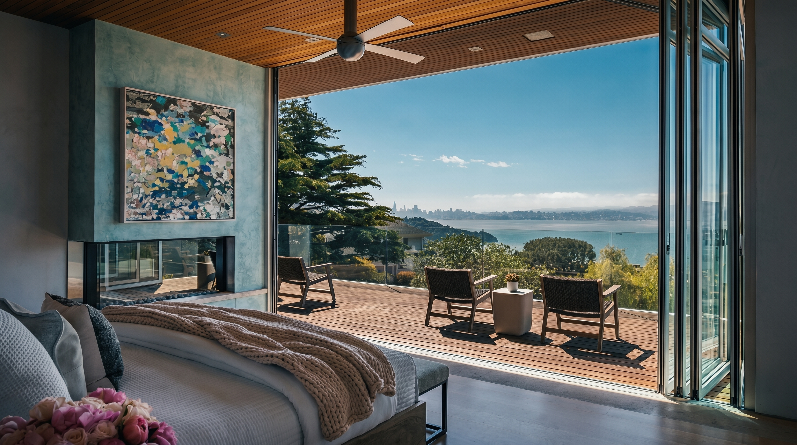 This luxurious primary bedroom features a seamless transition to an expansive outdoor deck through large, folding glass doors that frame a panoramic bay and city skyline view. The room is accented by a light-toned, textured wall featuring a modern, linear fireplace and a vibrant abstract painting, while a wood-paneled ceiling adds warmth to the space. The deck is furnished with comfortable seating, creating a serene indoor-outdoor living experience.
