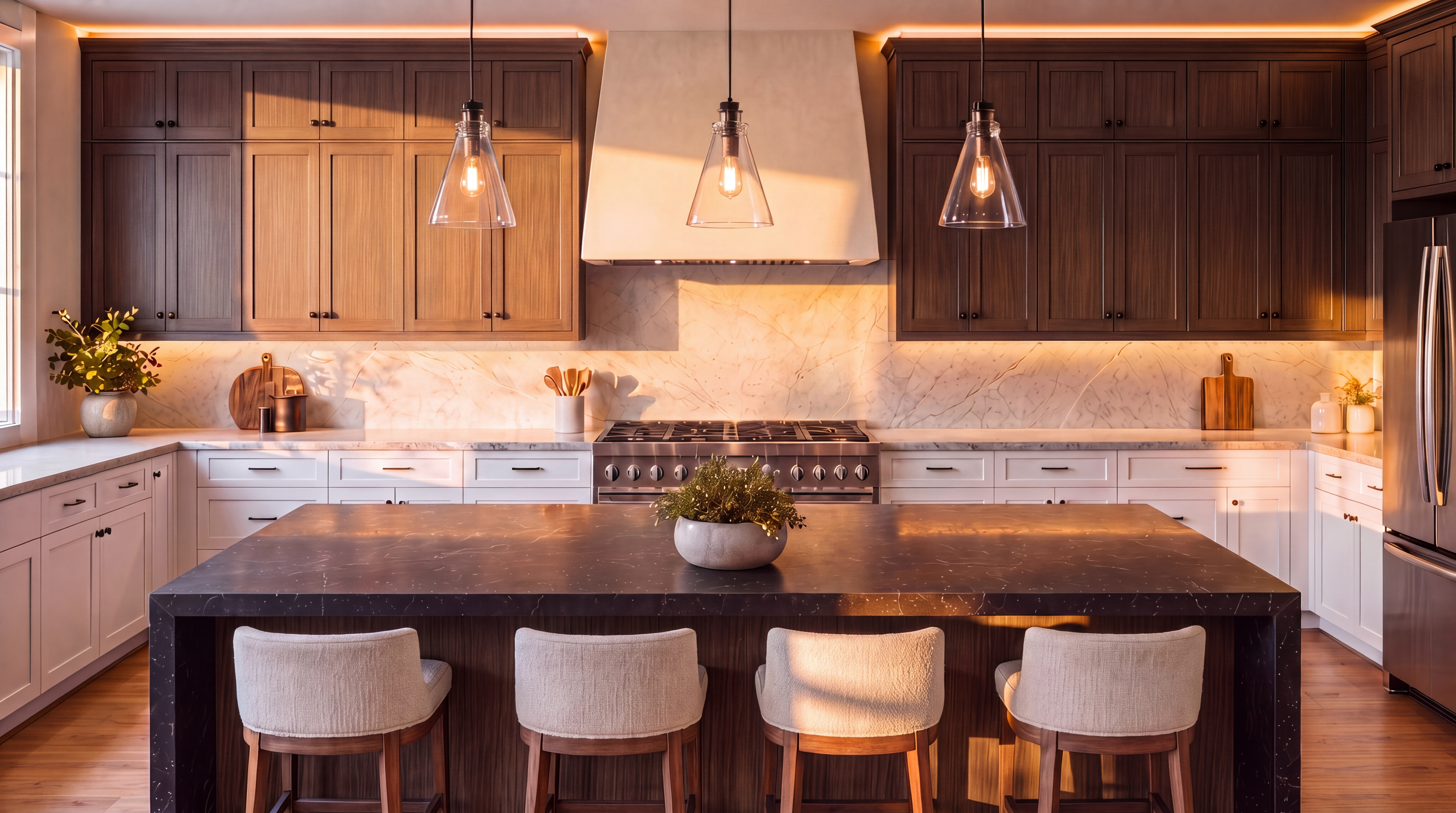 This stunning, professionally designed kitchen features a sophisticated blend of rich wood upper cabinetry and clean white lower cabinets, complemented by a dramatic dark marble island. The space is anchored by a stainless steel gas range, a sleek plaster hood, and warm under-cabinet lighting that enhances the inviting atmosphere. With four upholstered bar stools and high-end finishes, this kitchen offers a perfect balance of modern luxury and functional elegance.