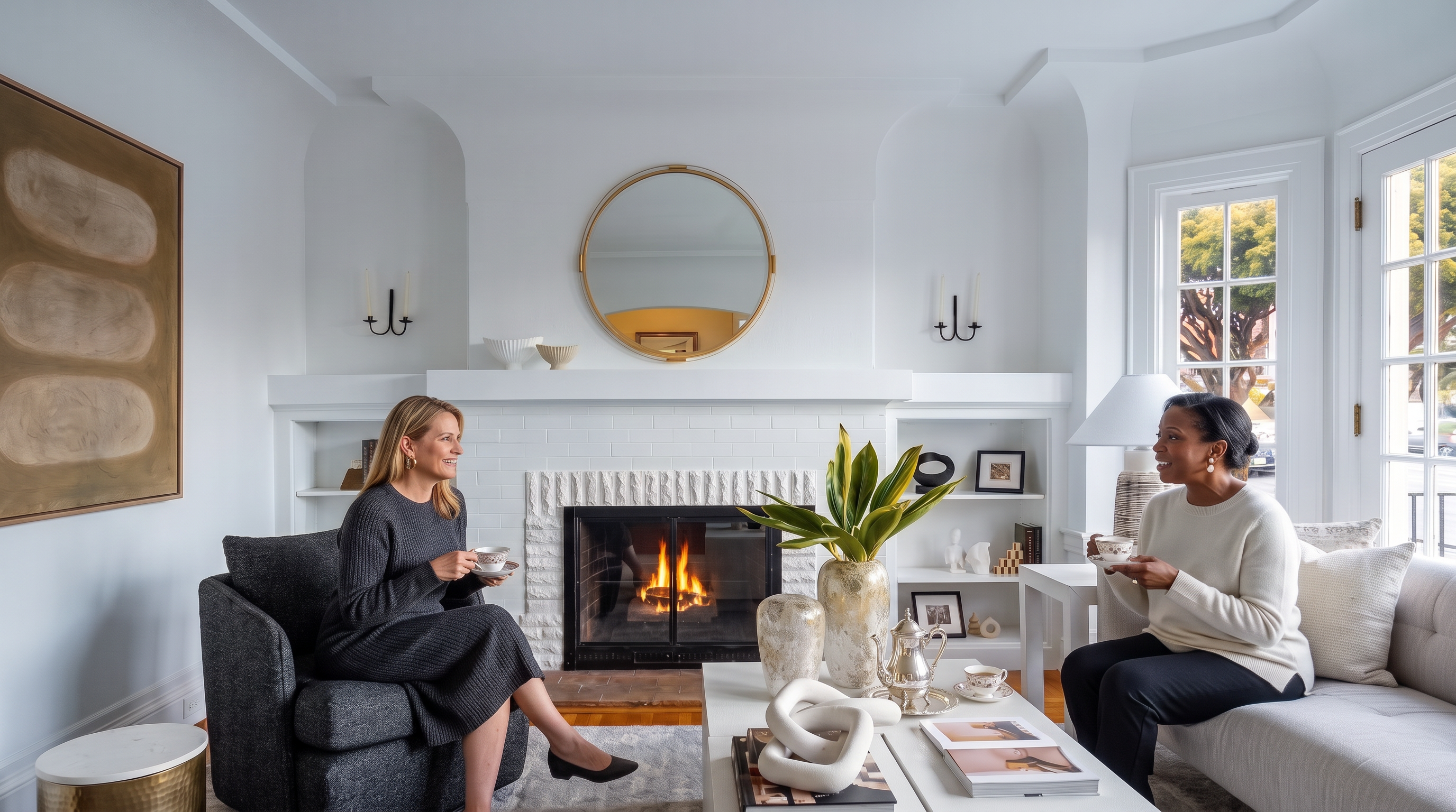 This bright and inviting living room features a central fireplace with a white-painted brick surround and a classic mantel. The space is anchored by a dark, textured armchair and a white coffee table adorned with decorative vases and greenery, creating a balanced, modern aesthetic. Built-in shelving flanks the fireplace, while a large circular mirror above the mantel adds a sophisticated focal point to the room.